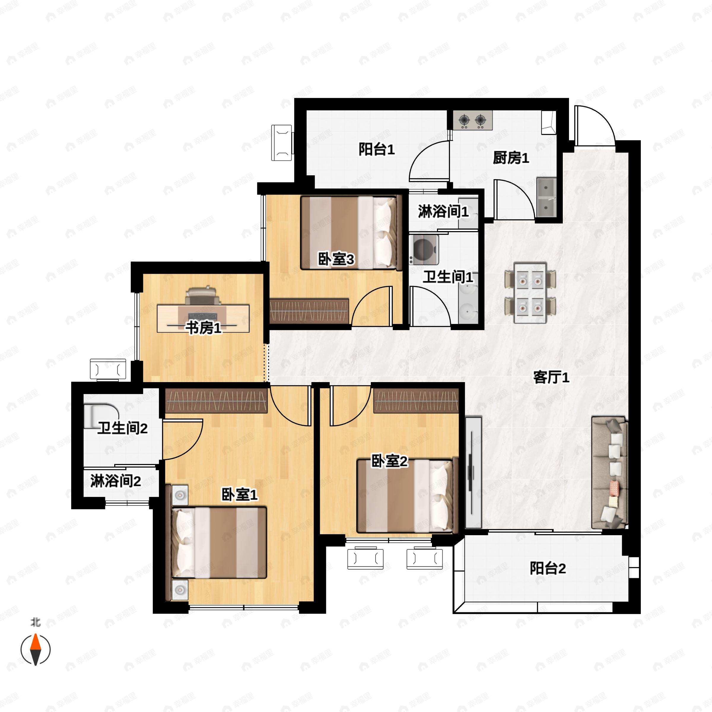 4室2厅2卫建面103平南户型图