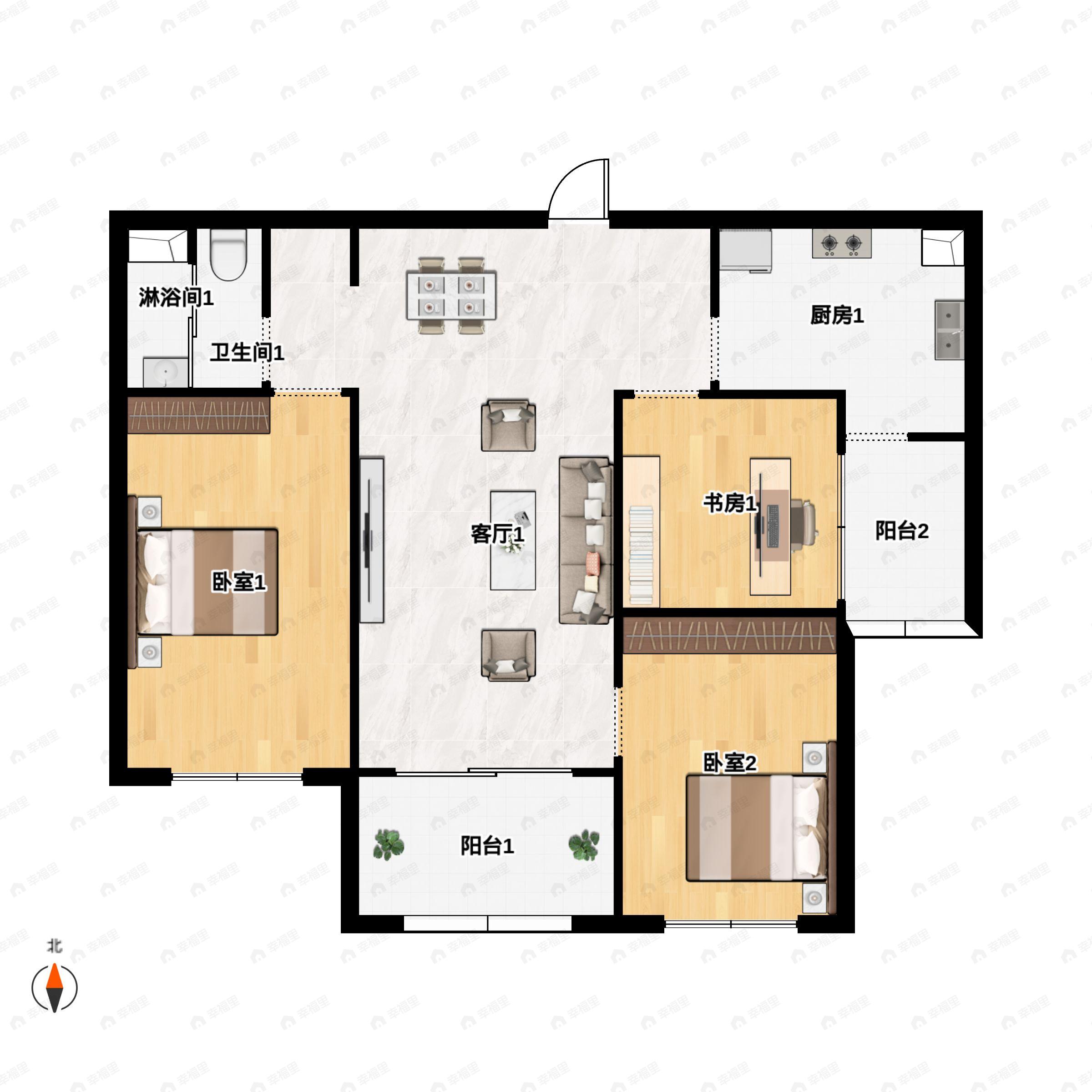3室2厅1卫建面97m²南户型图