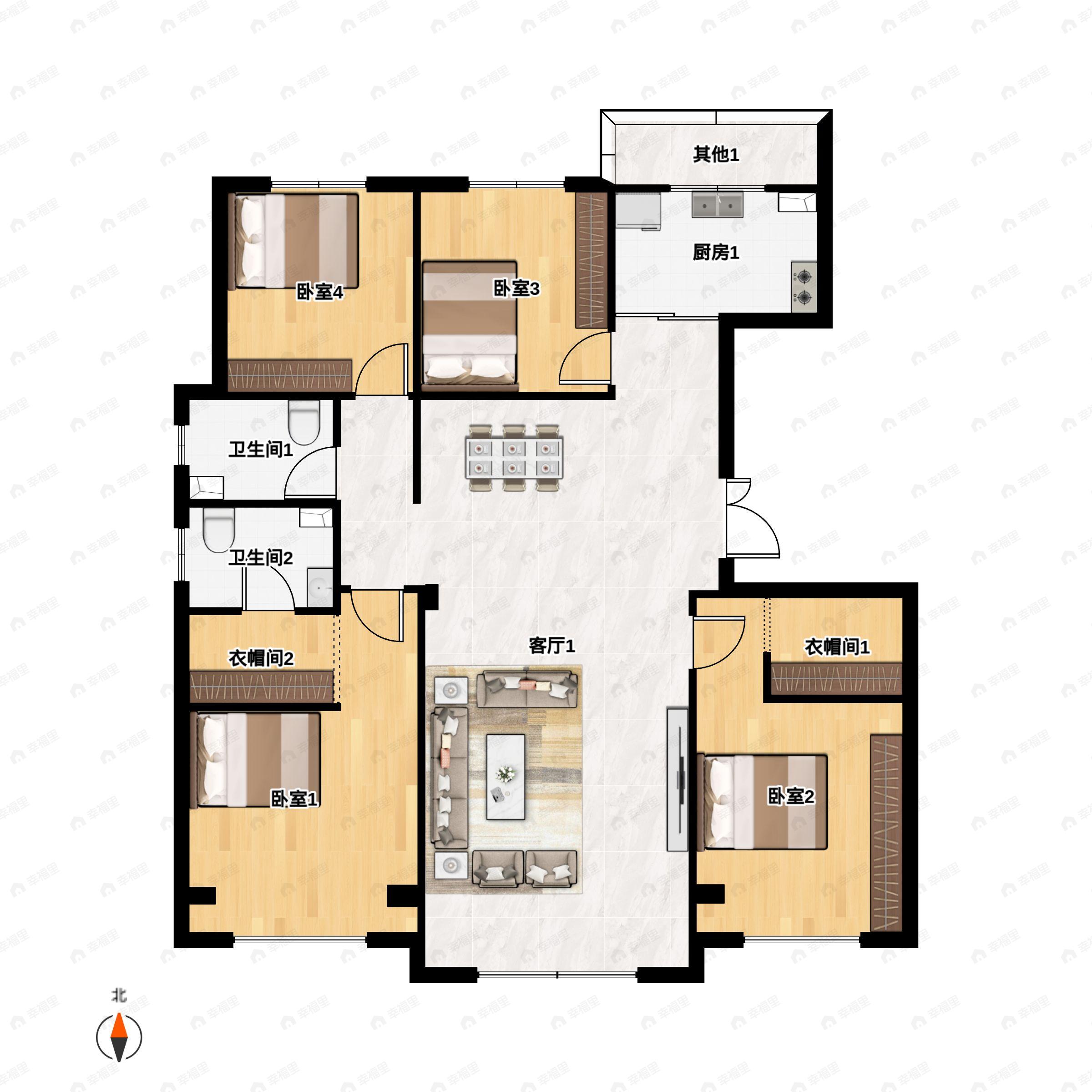 4室2厅2卫建面135平北|南户型图