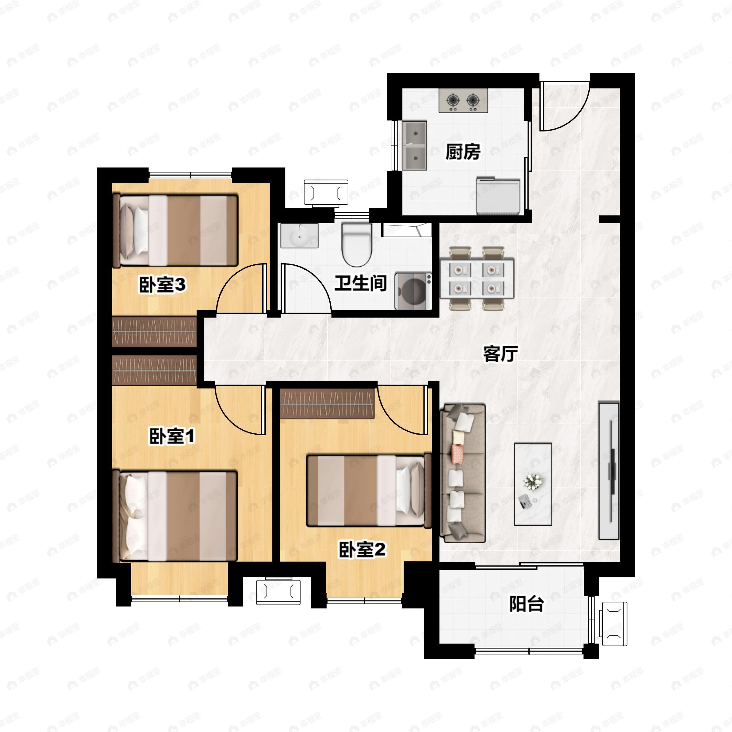 3室2厅1卫建面94平南户型图