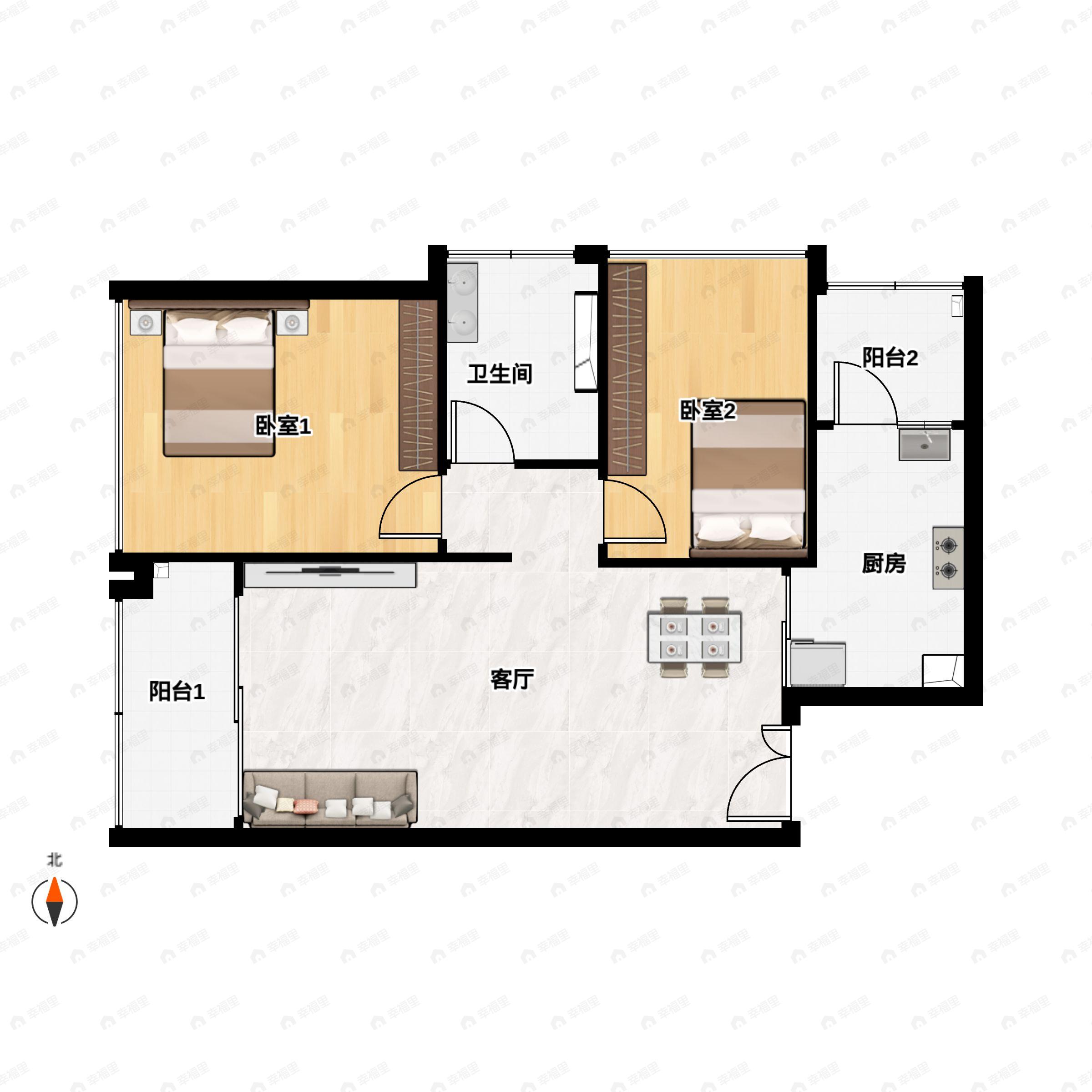 2室2厅1卫建面93平西户型图