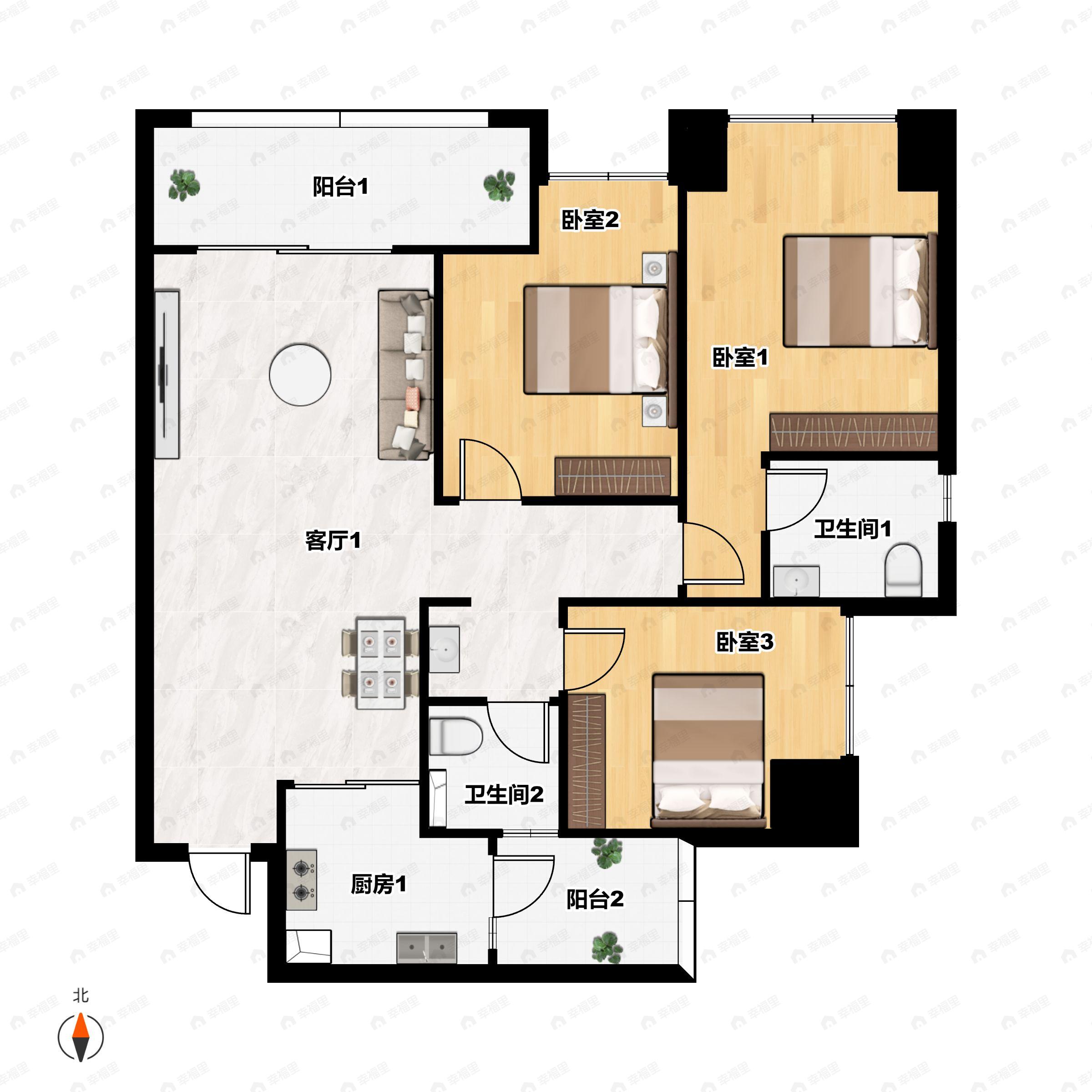 3室2厅2卫建面101平南户型图