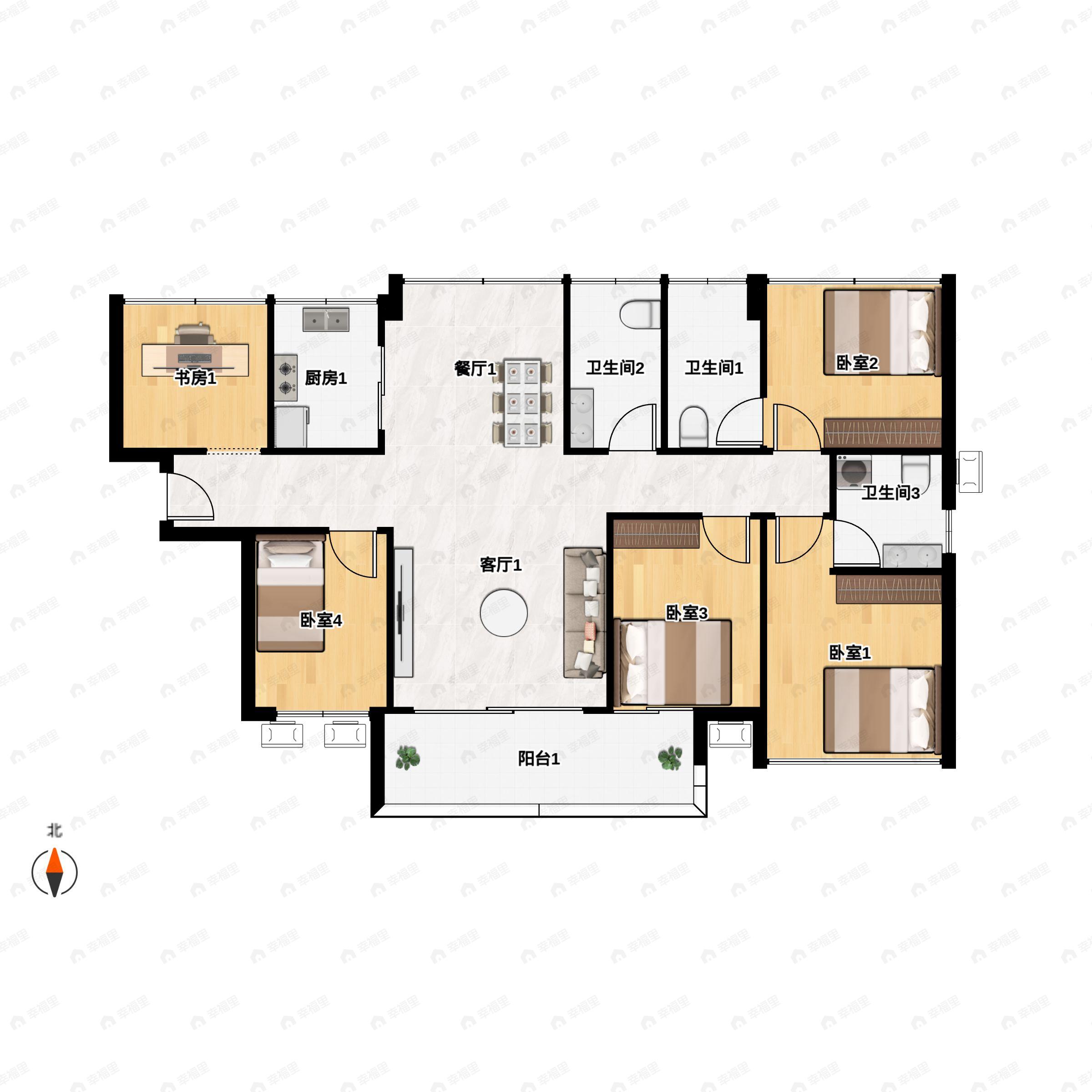 4室2厅2卫建面121m²南户型图
