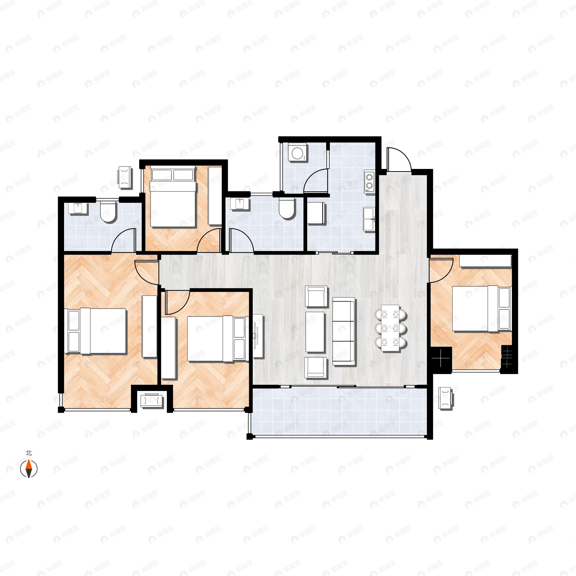 4室2厅2卫建面106平西北|东南户型图