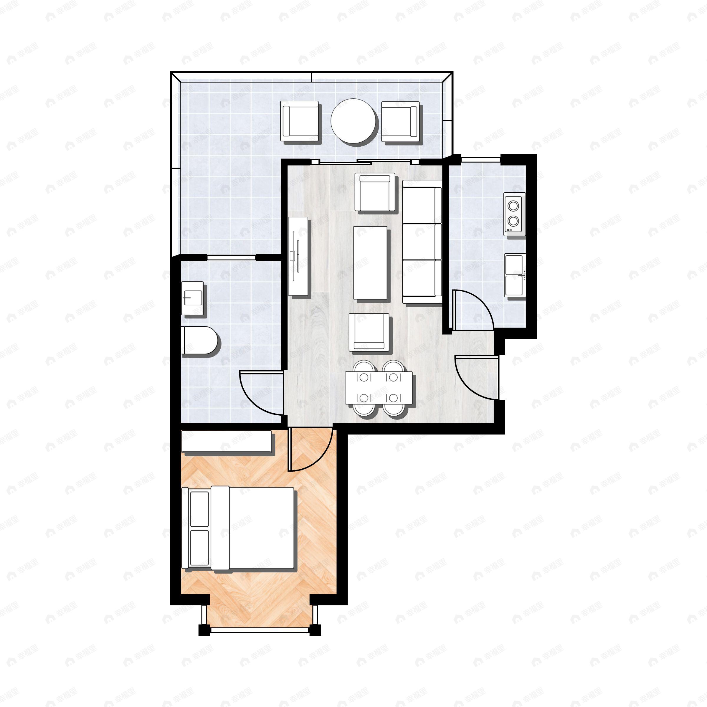 1室2厅1卫建面53m²南|北户型图