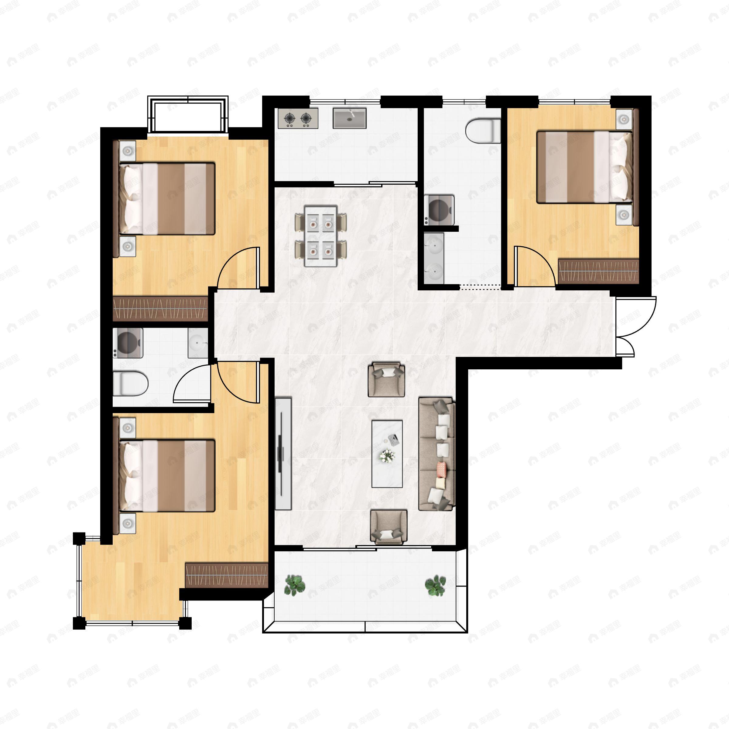 3室2厅2卫建面129m²东户型图