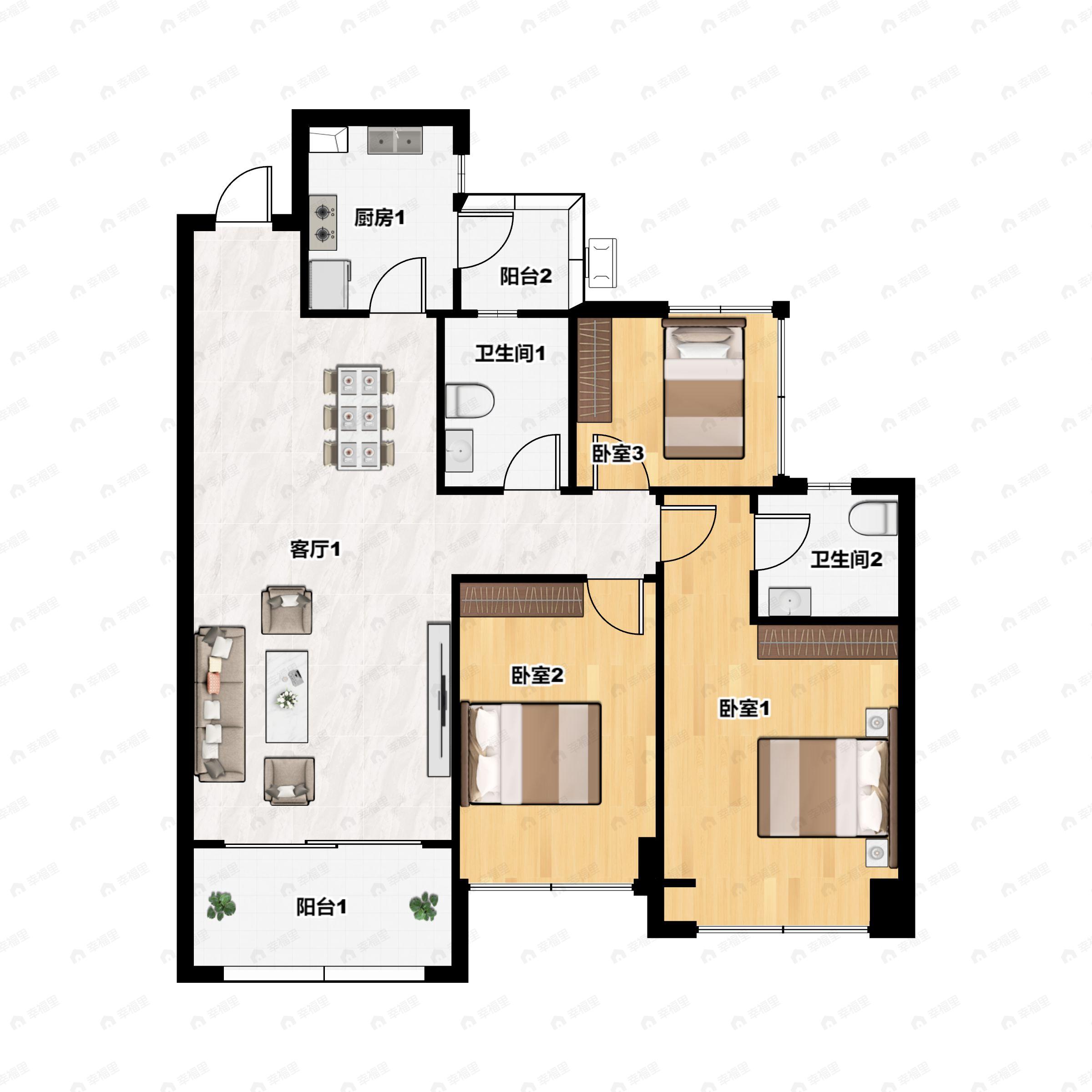 3室2厅2卫建面98平户型图