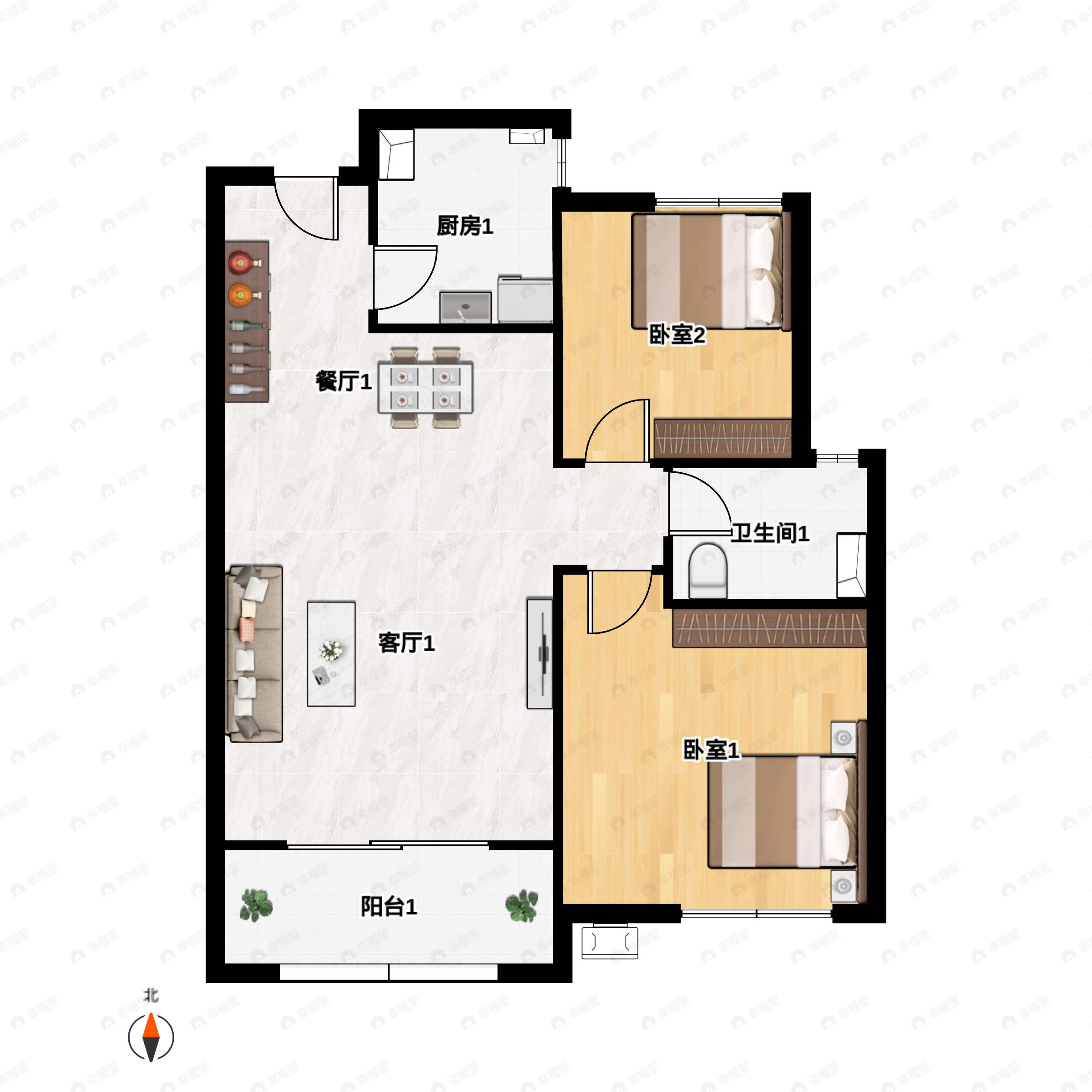 2室2厅1卫建面88m²北|南户型图