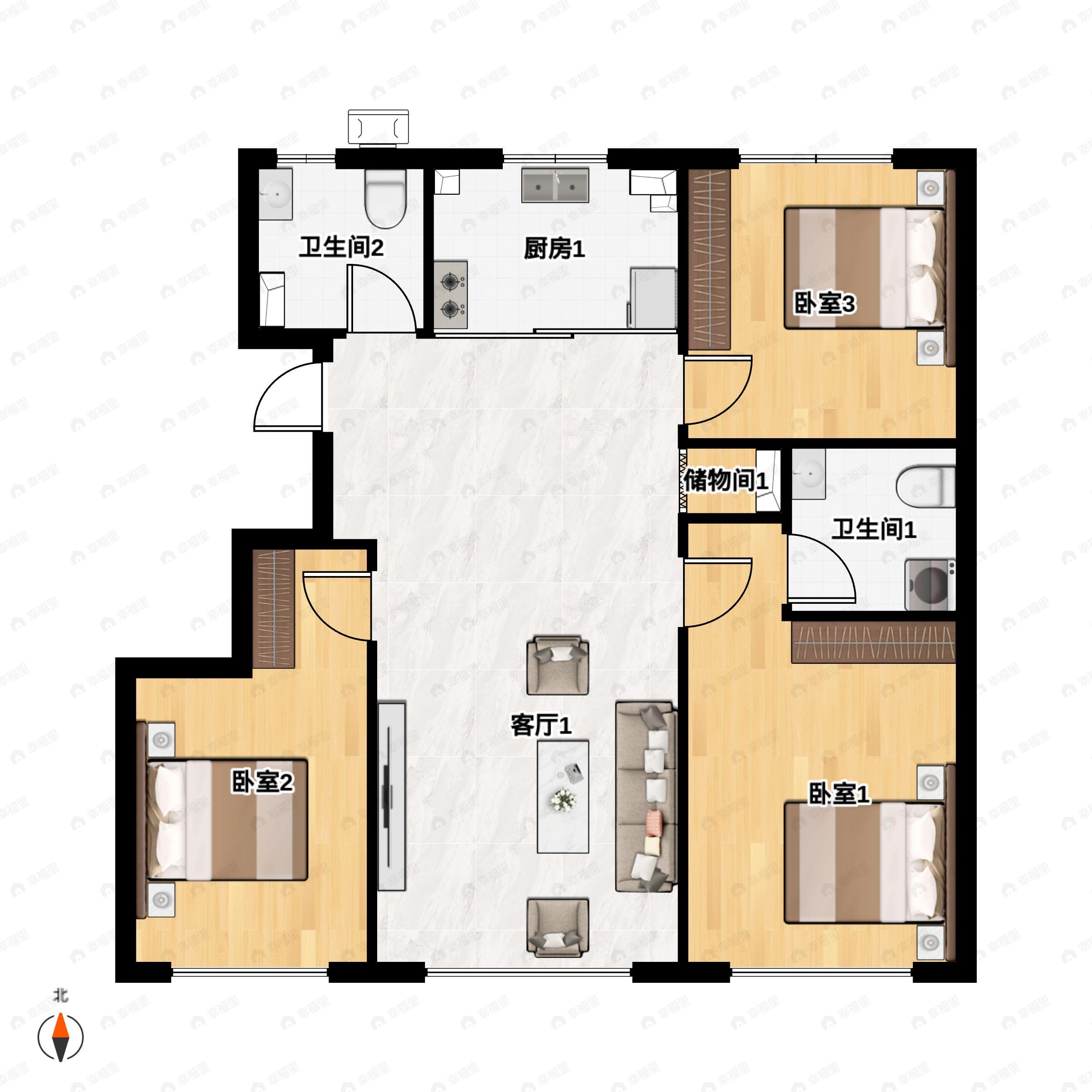 3室2厅2卫建面95m²南|北户型图