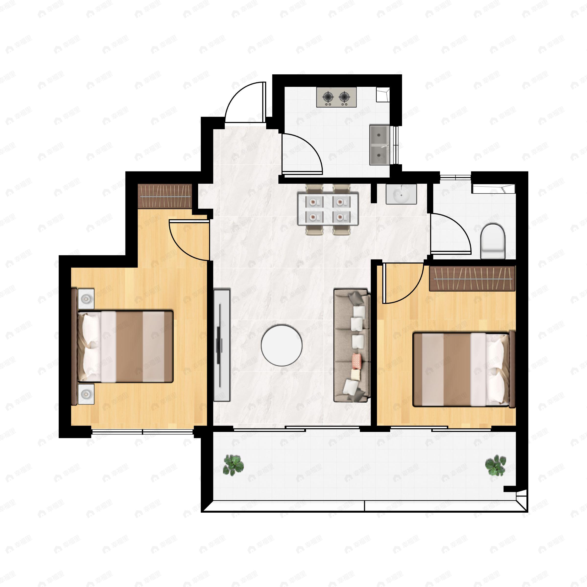 2室2厅1卫建面74平南户型图