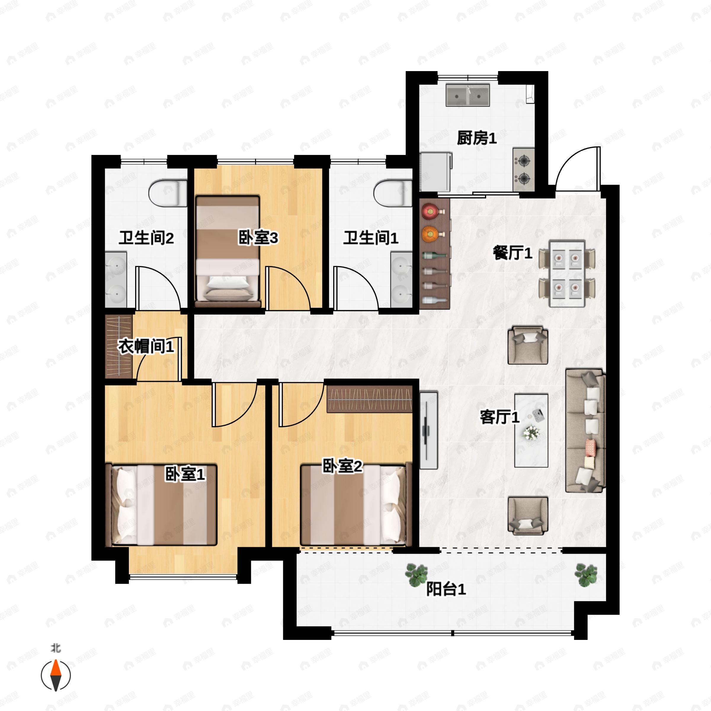 3室2厅2卫建面117m²北|南户型图