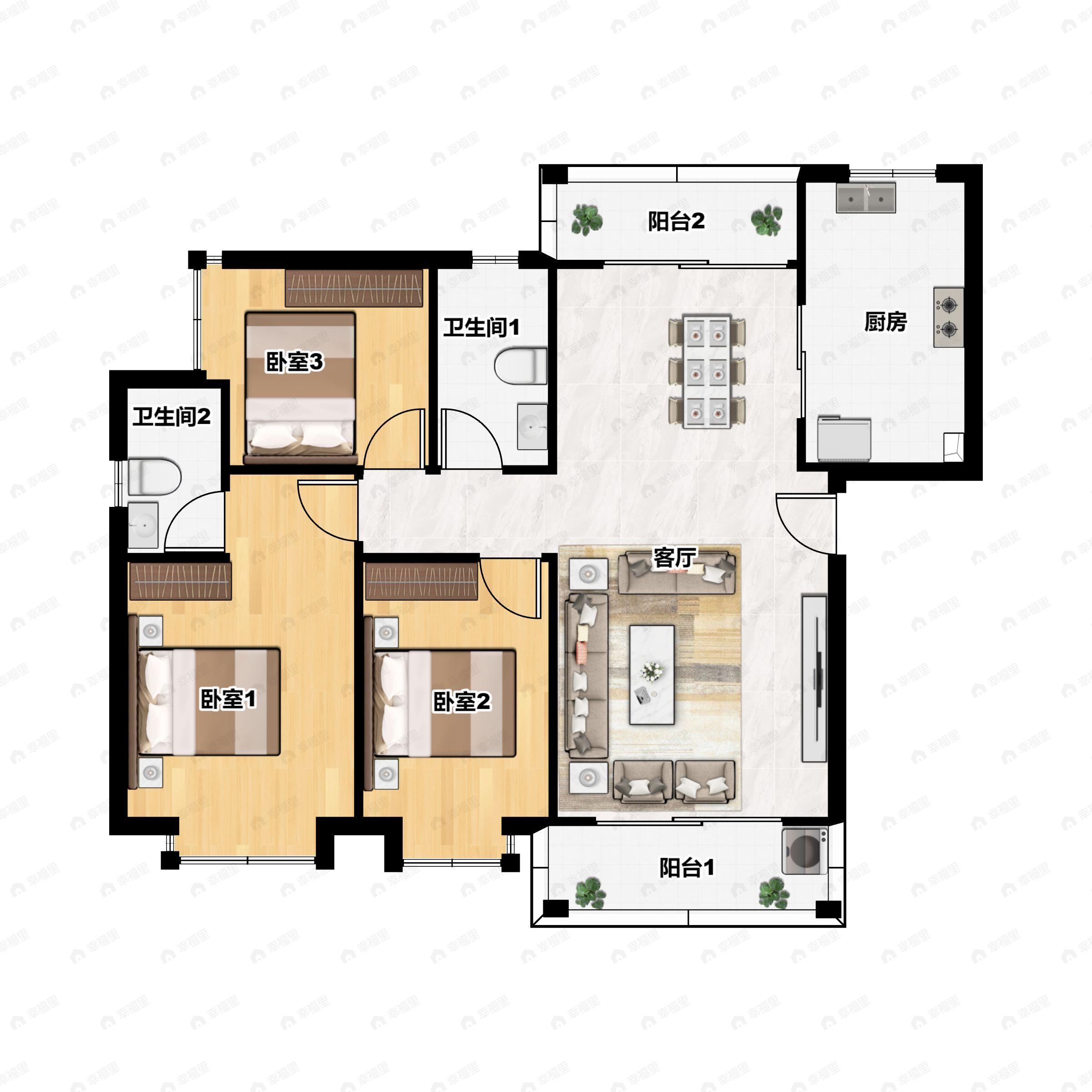 3室2厅2卫建面107平户型图