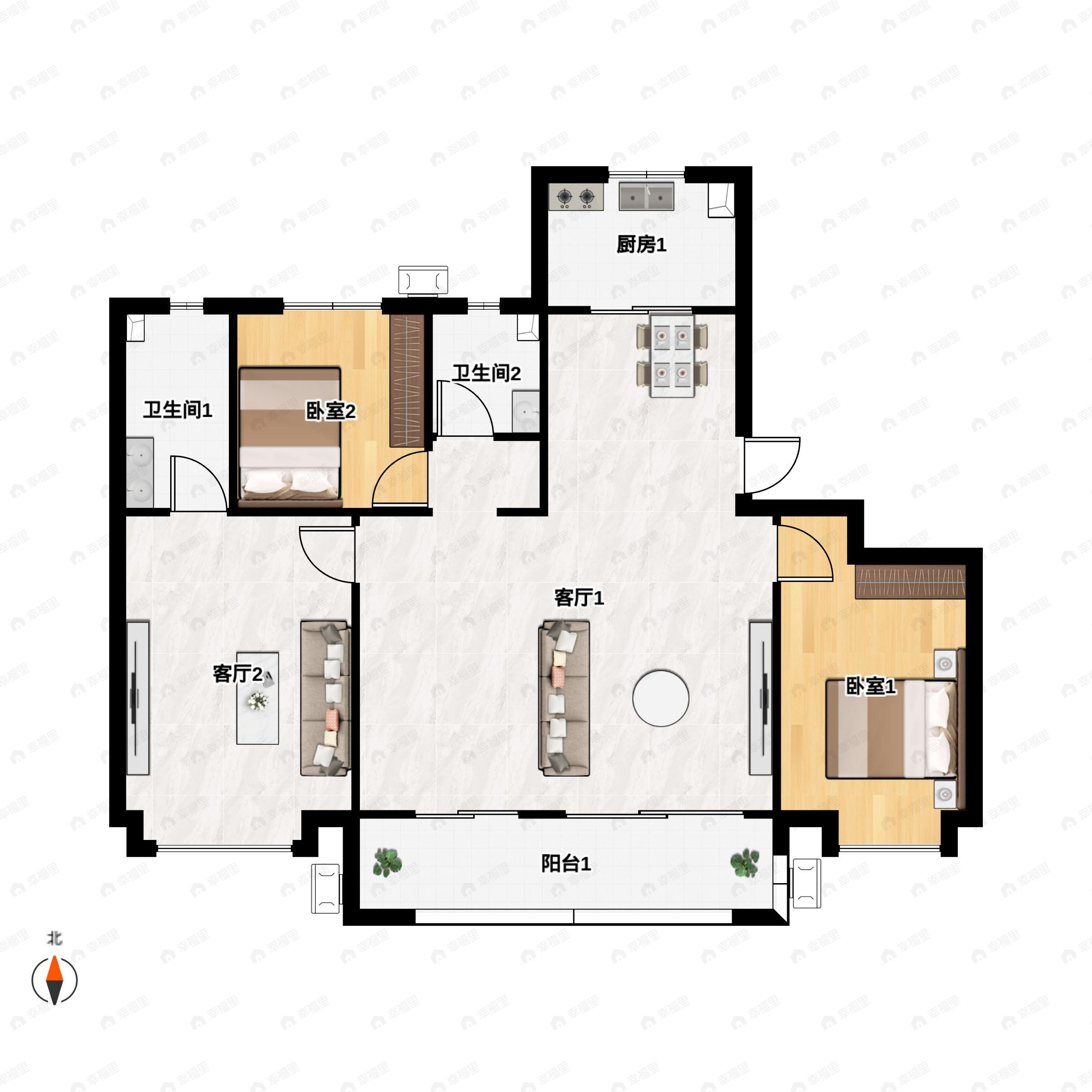 3室2厅2卫建面134m²北|南户型图