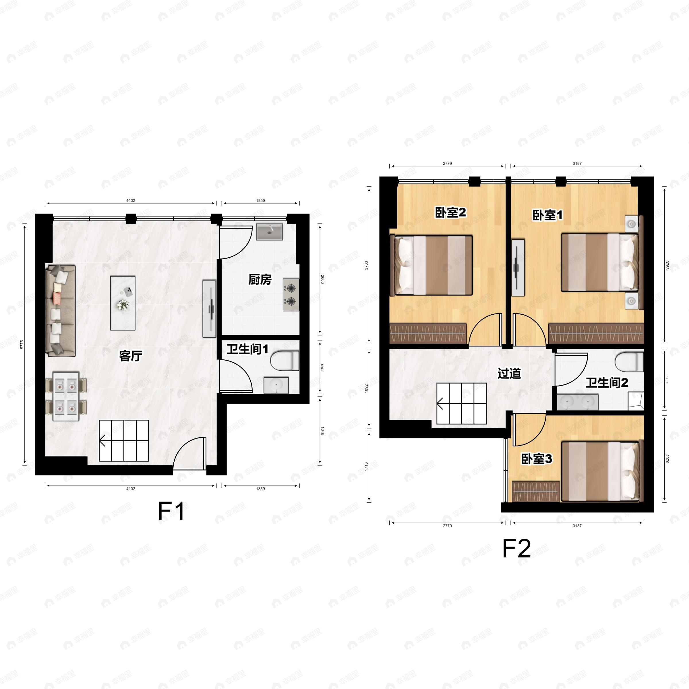 3室2厅2卫建面55平西|东户型图