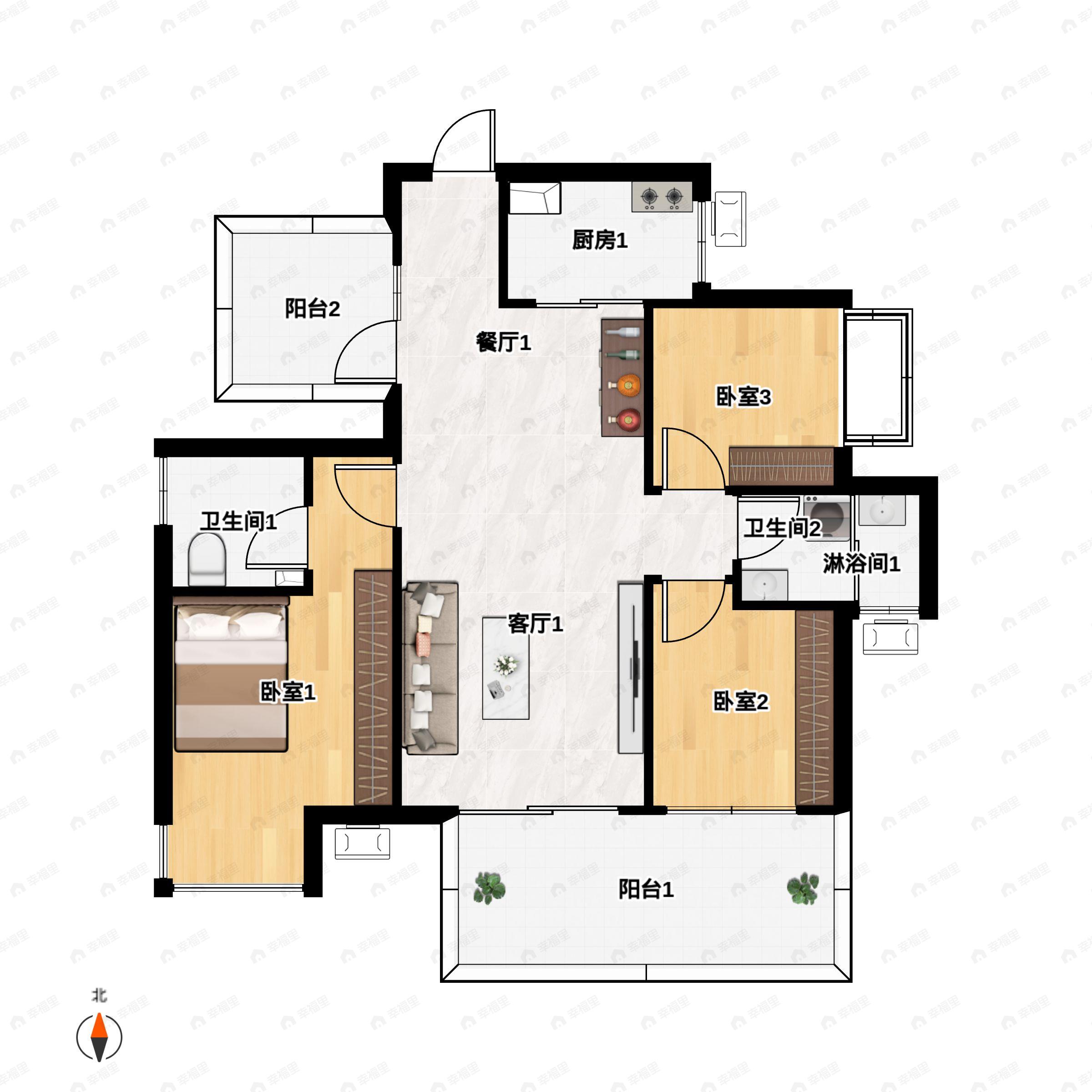 3室2厅2卫建面100平户型图