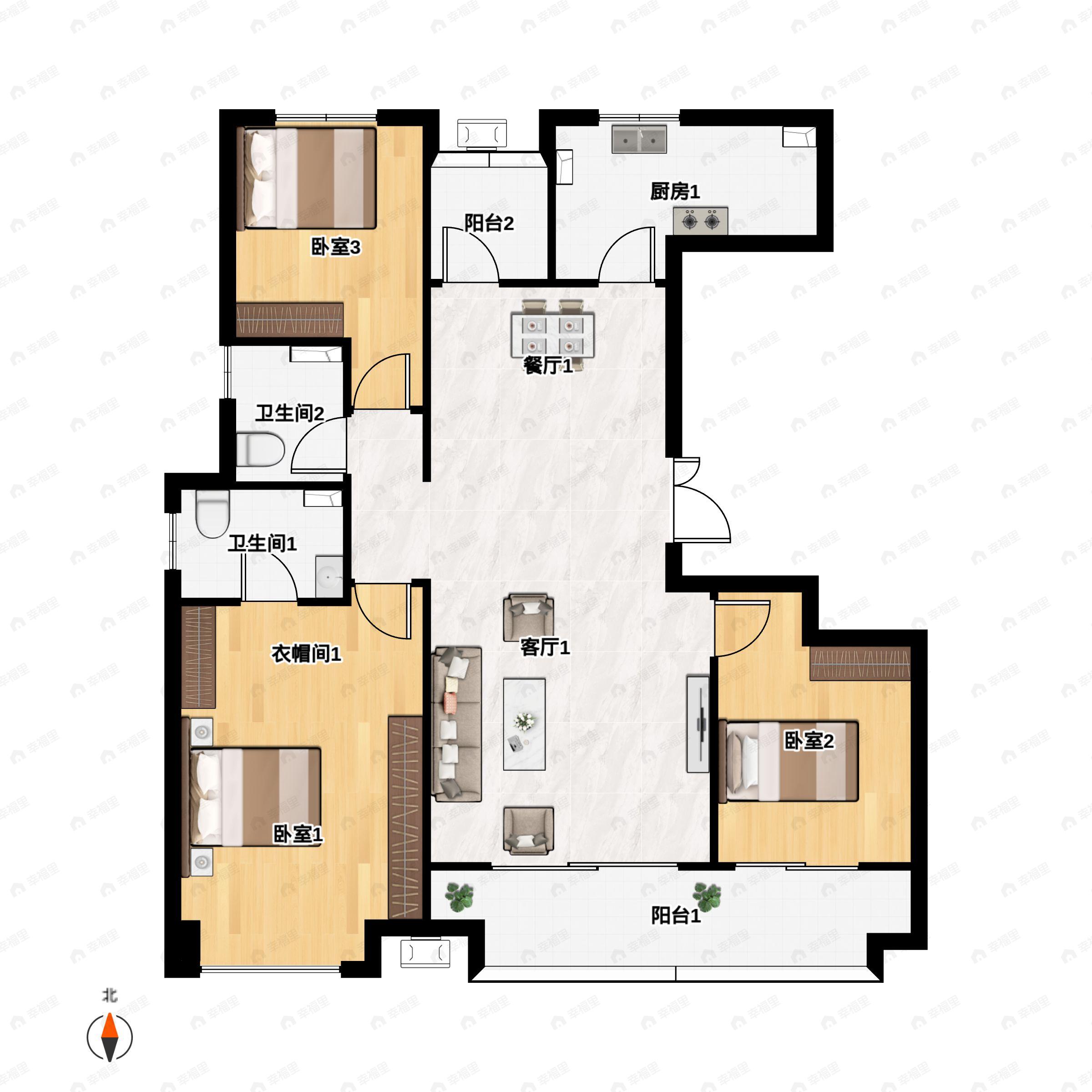 3室2厅2卫建面127m²南|北户型图