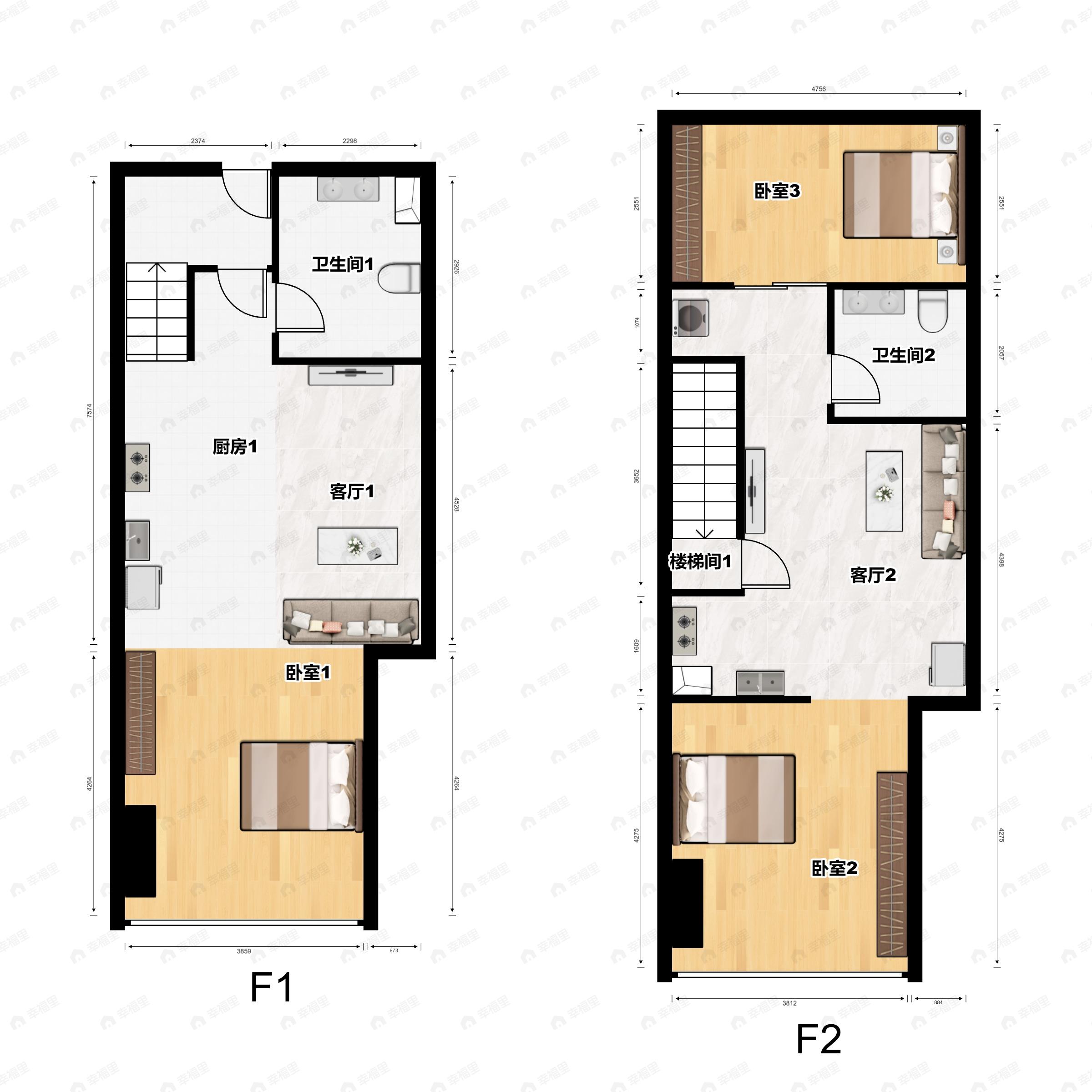 2室1厅2卫建面46平户型图