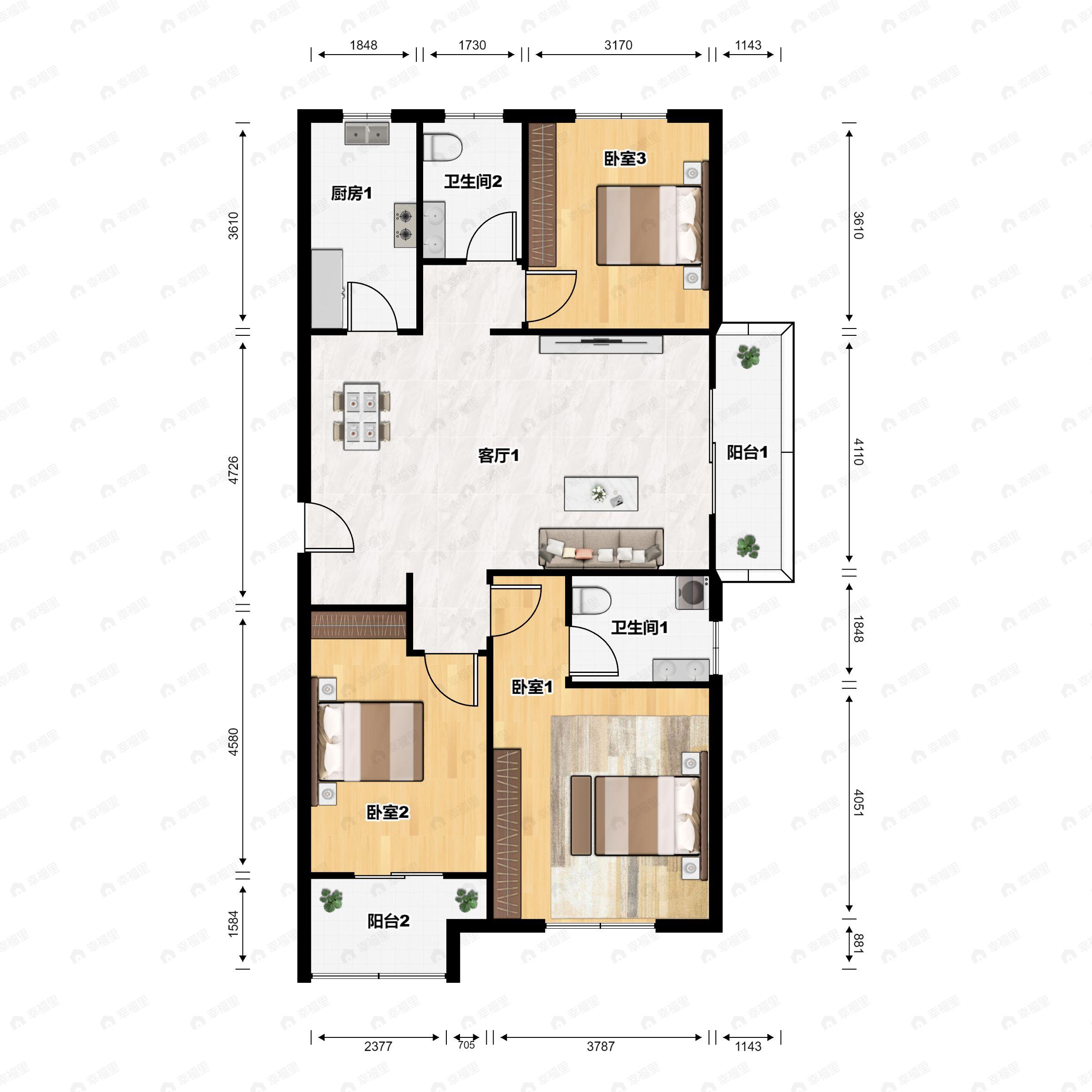 路劲国际城3室2厅2卫户型图