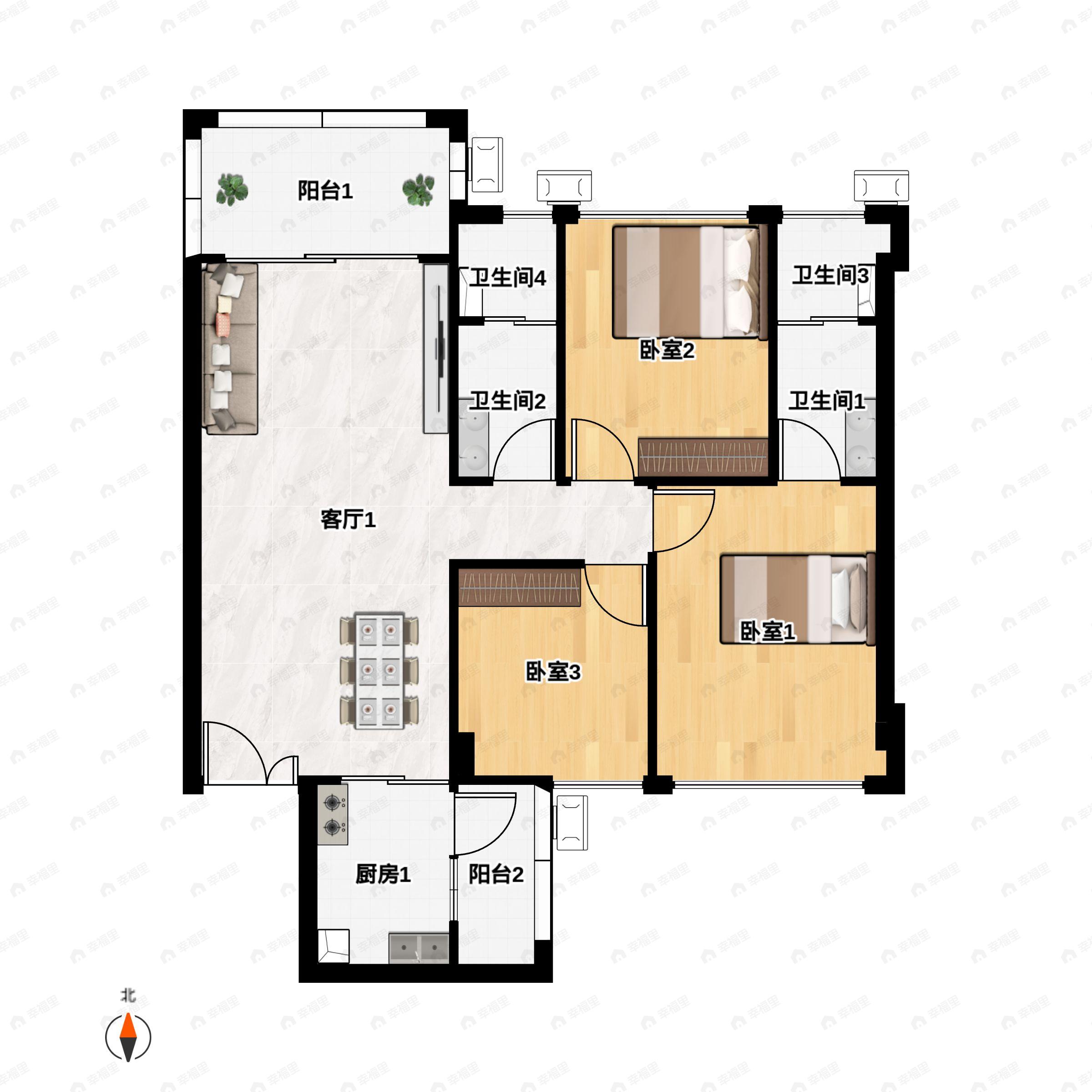 3室2厅2卫建面105平户型图