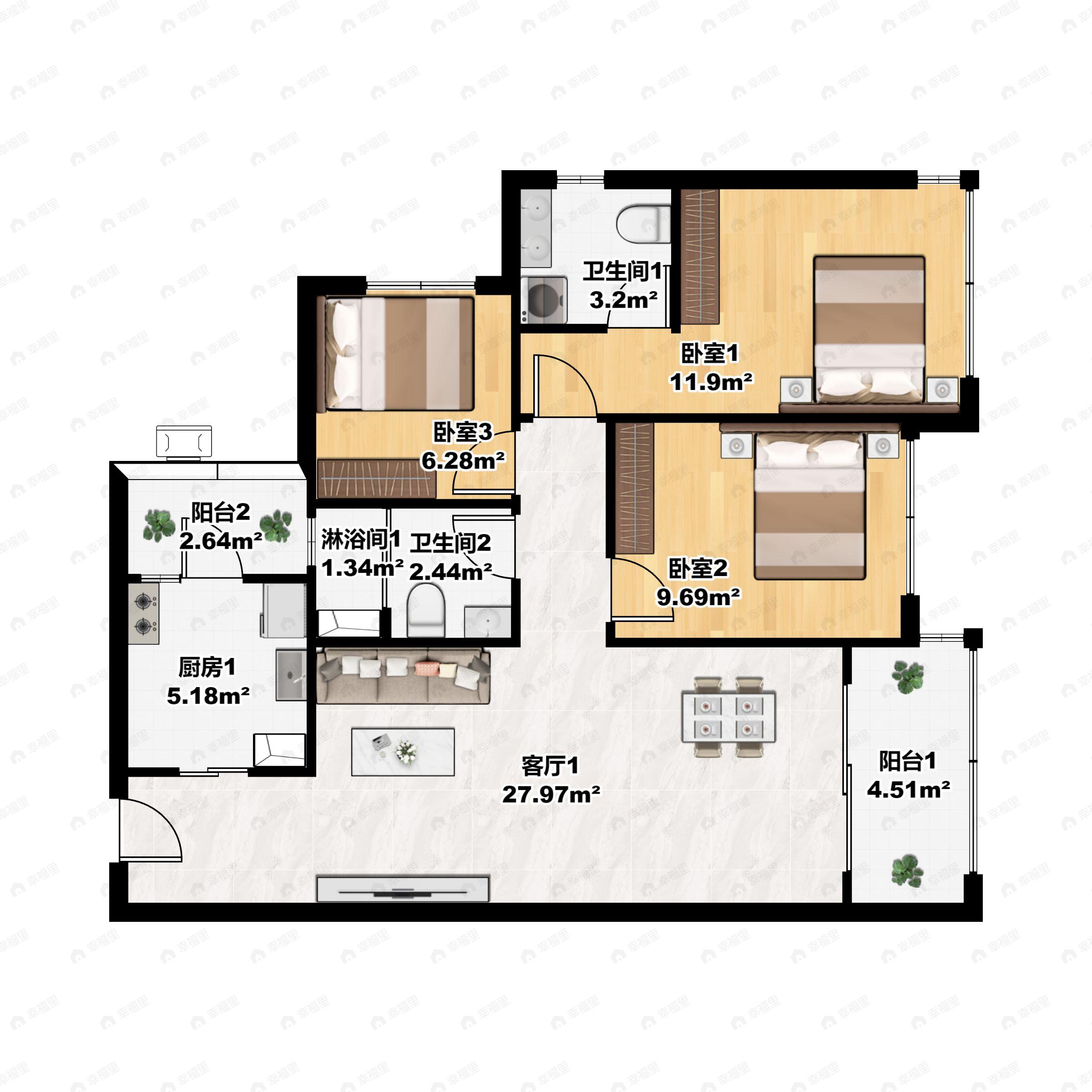 招商1872阅青斓3室2厅2卫户型图