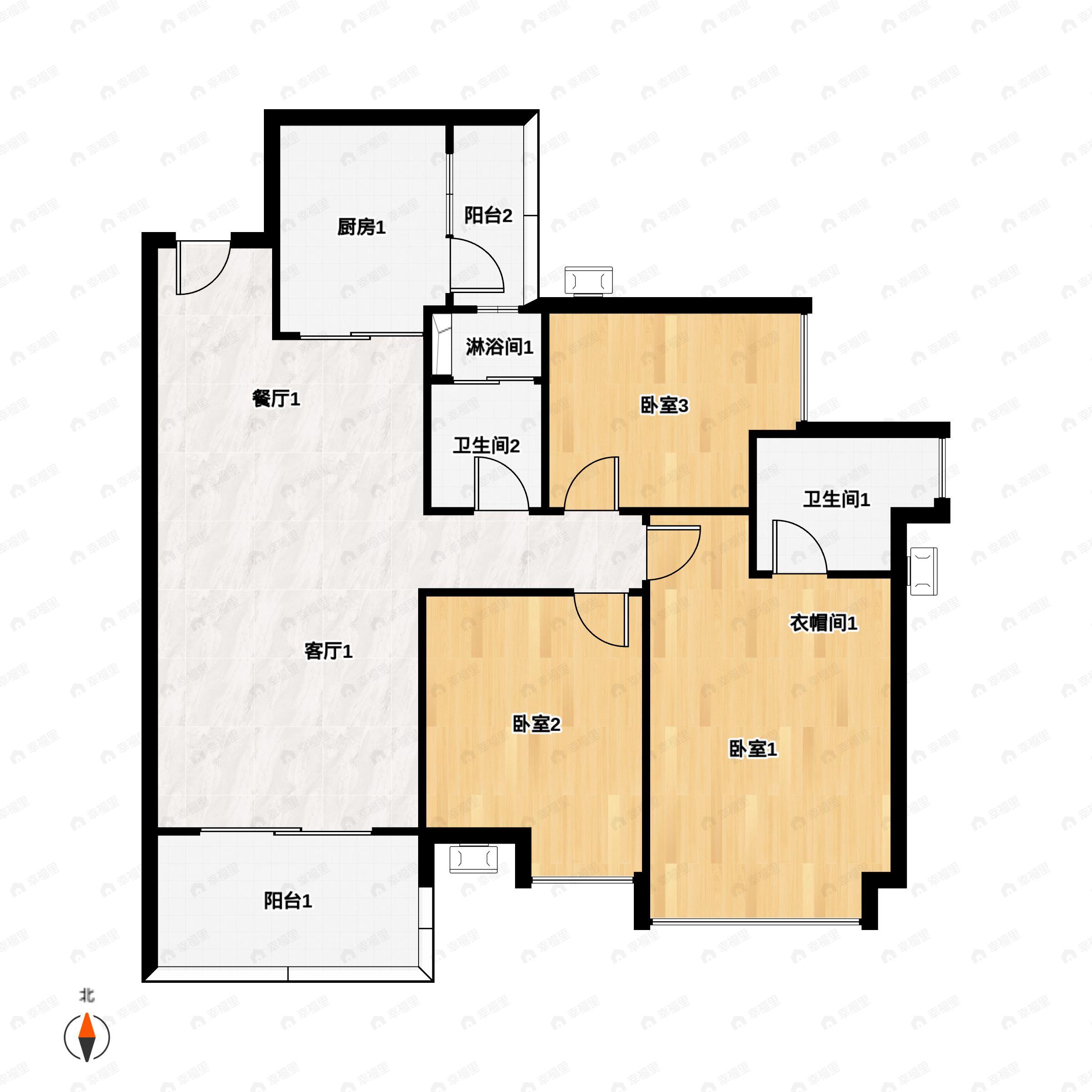 3室2厅2卫建面108m²南户型图