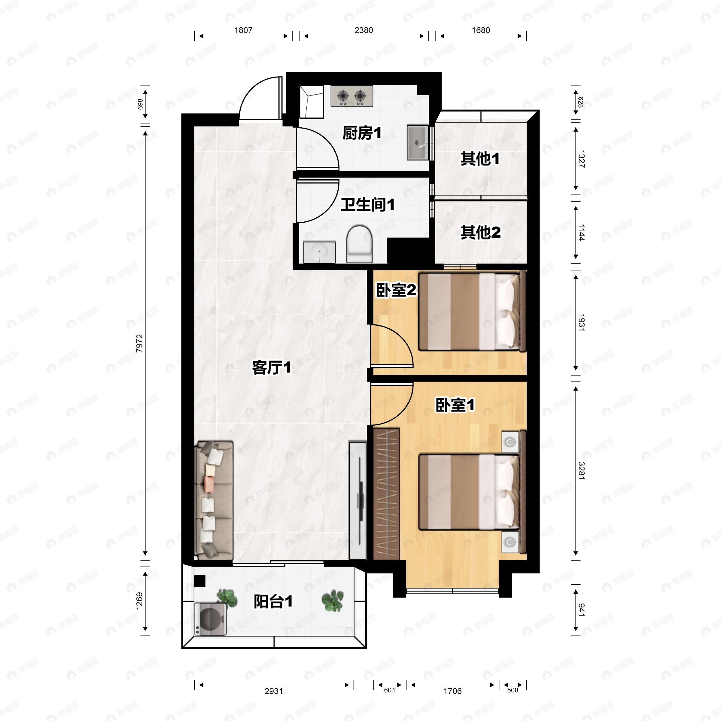 2室2厅1卫建面72平南户型图