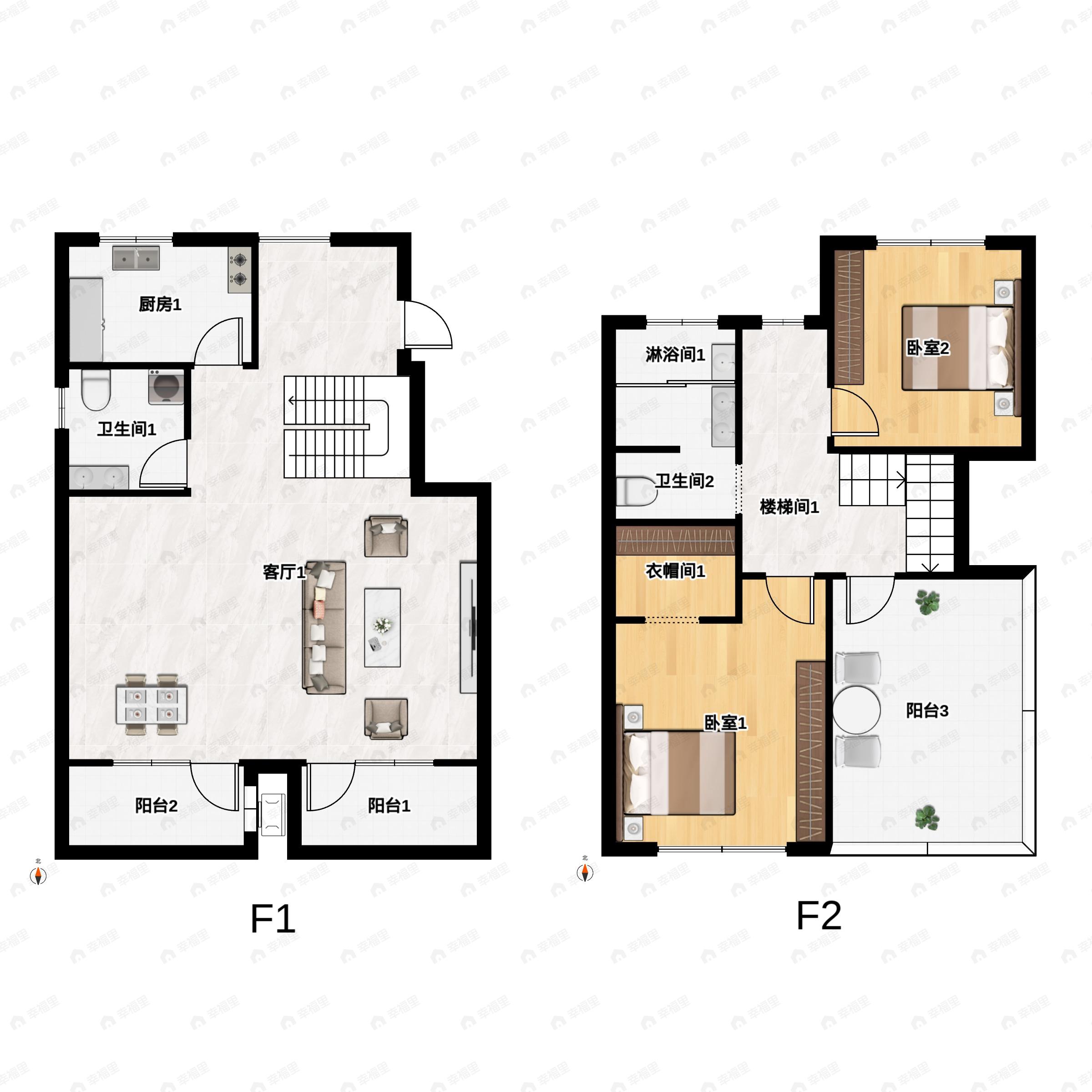 2室2厅2卫建面125m²南|西|北户型图