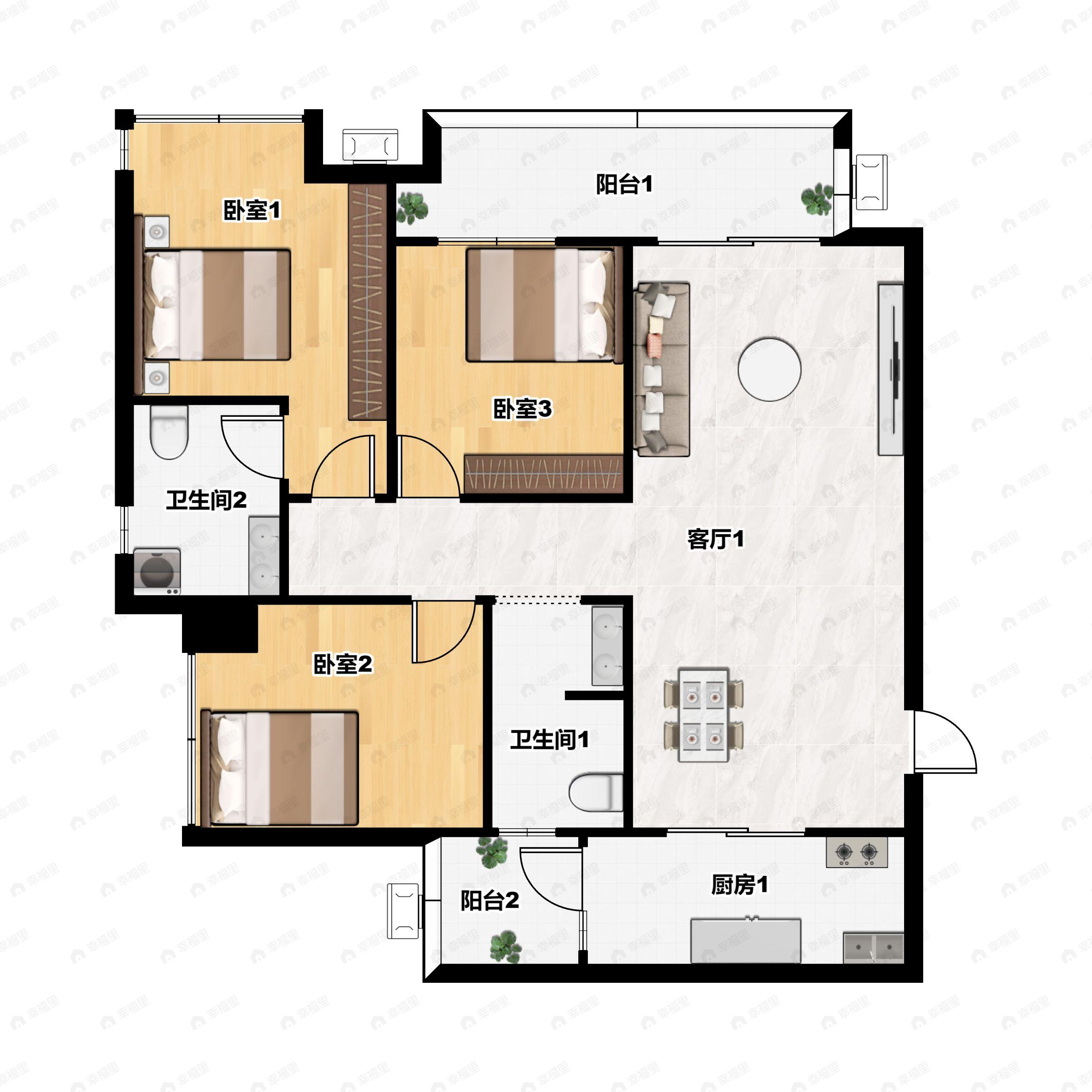 3室2厅2卫建面113m²南户型图