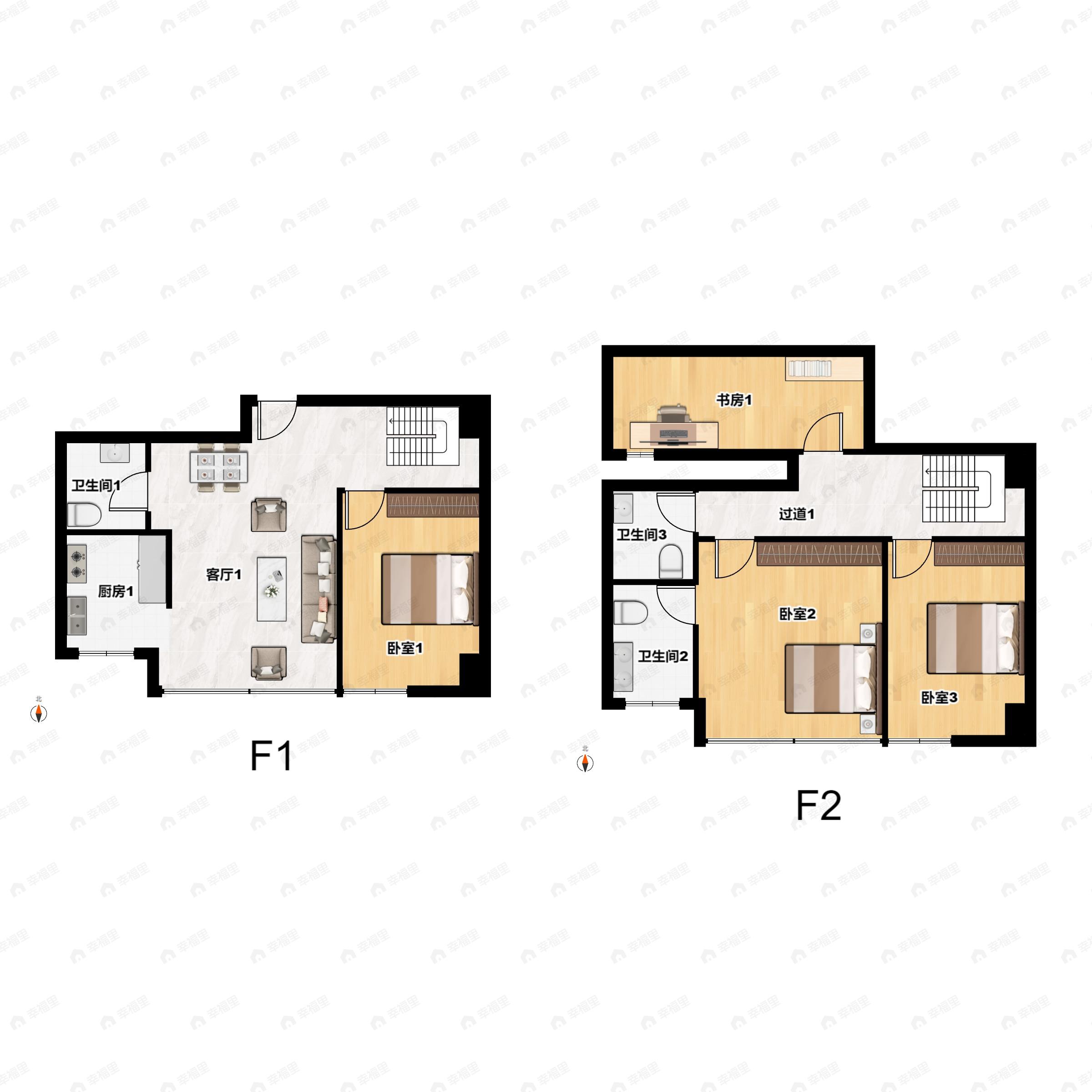 2室1厅3卫建面68平户型图