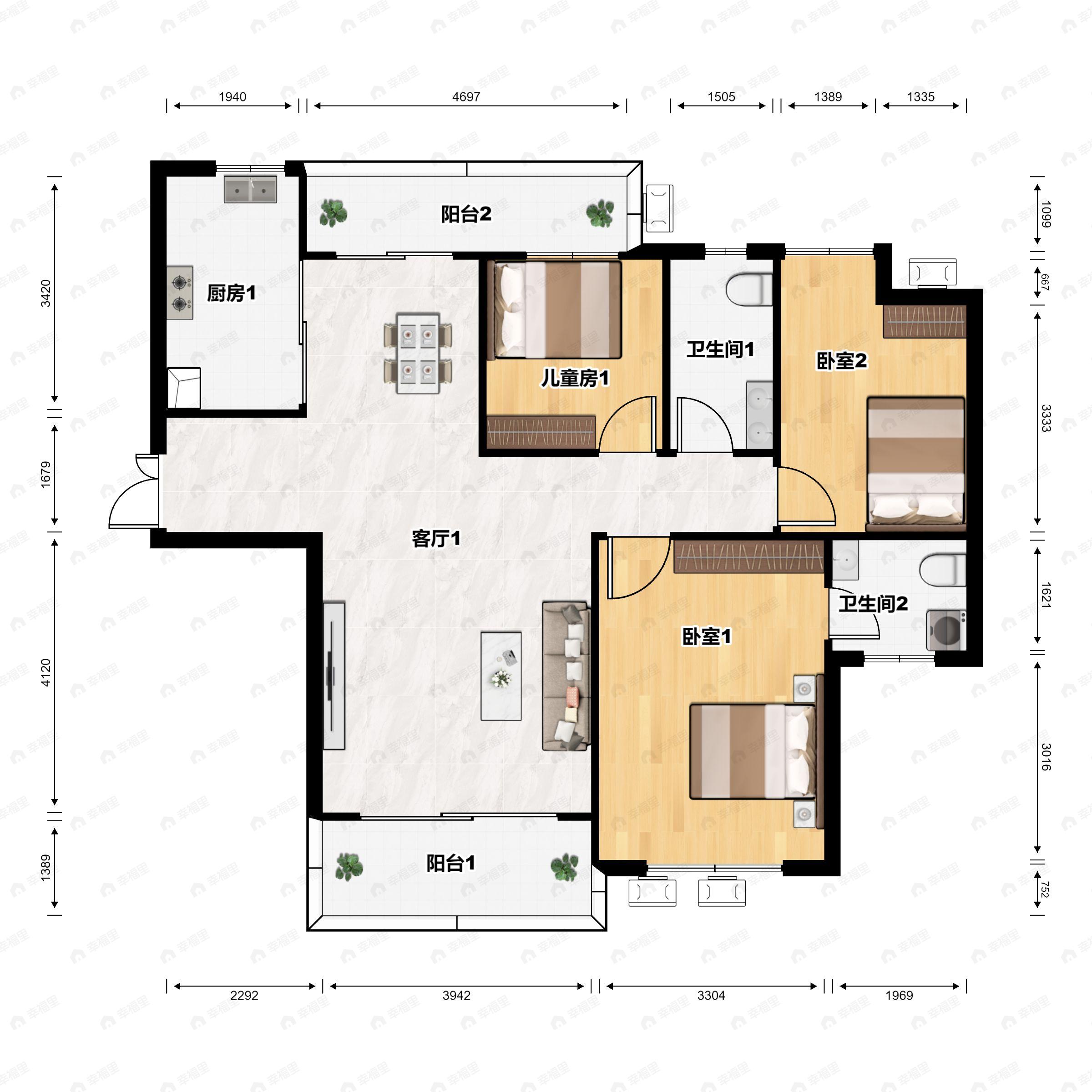 3室2厅2卫建面131m²东户型图