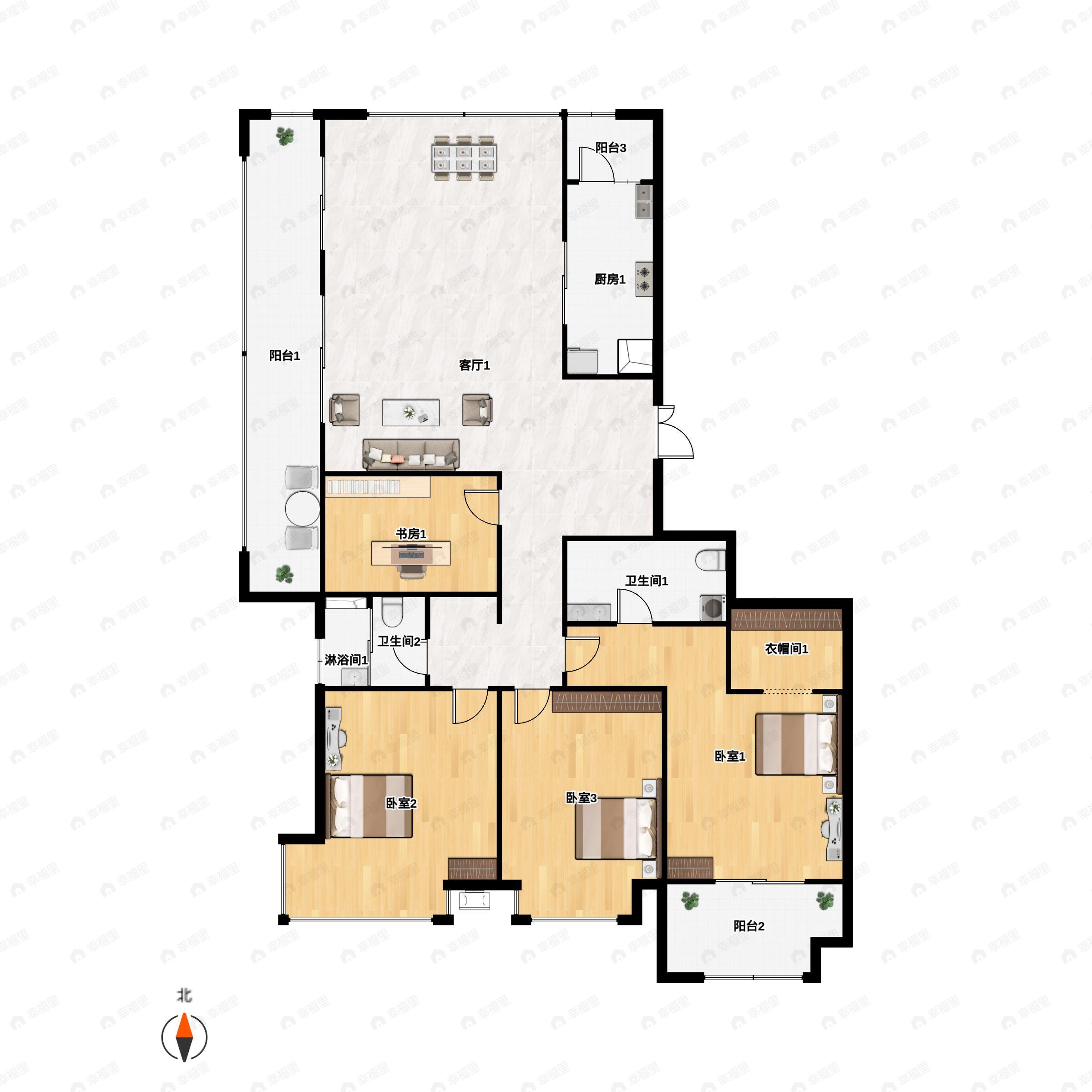 4室2厅2卫建面166平北|南户型图