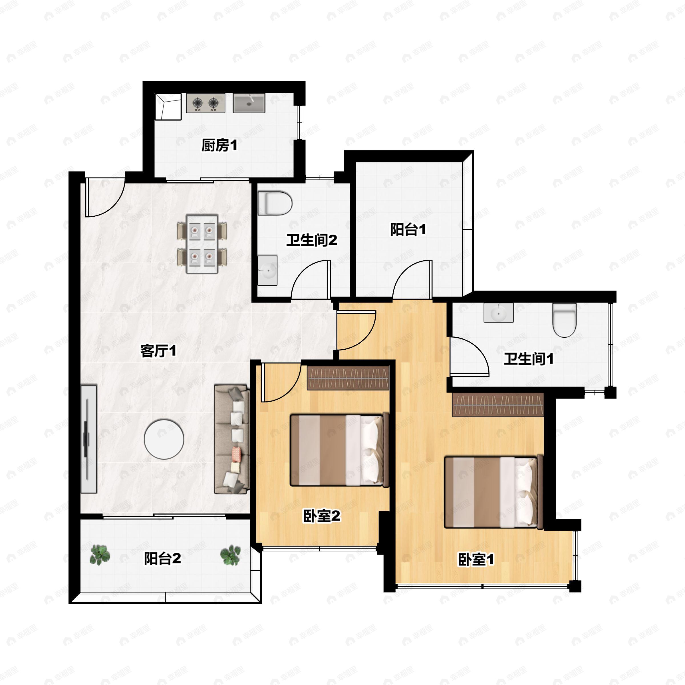 2室2厅2卫建面87m²南户型图