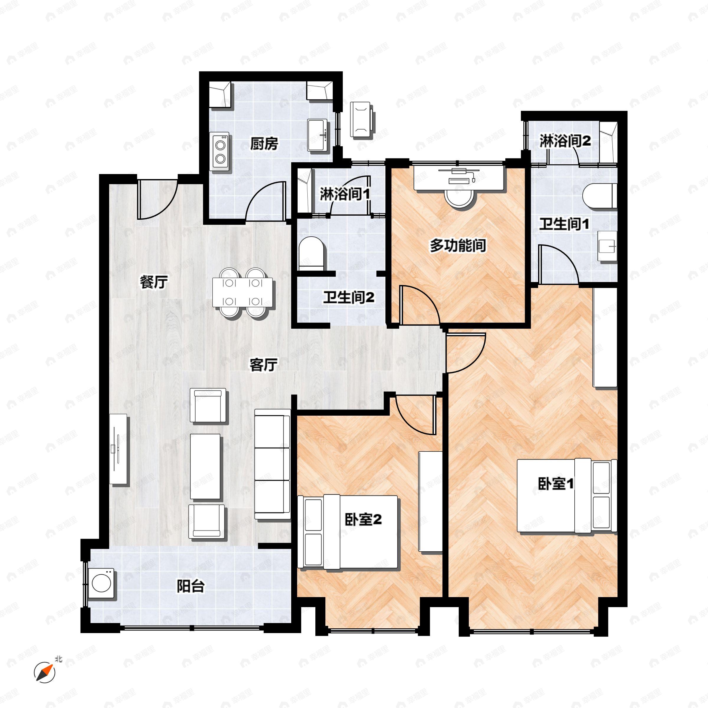 3室2厅2卫建面107平户型图