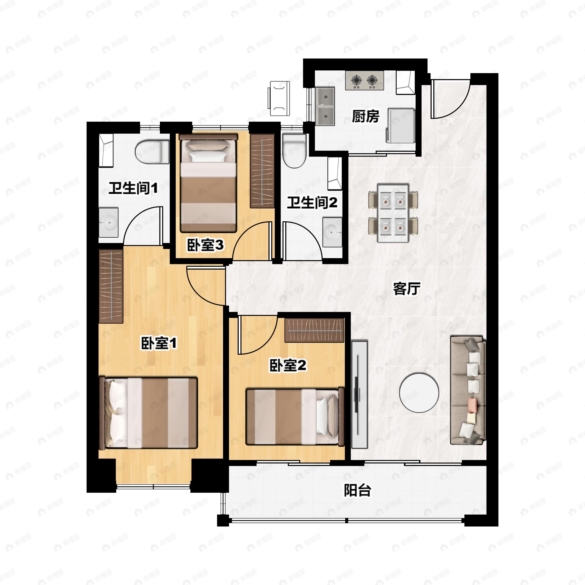 3室2厅2卫建面108m²北户型图