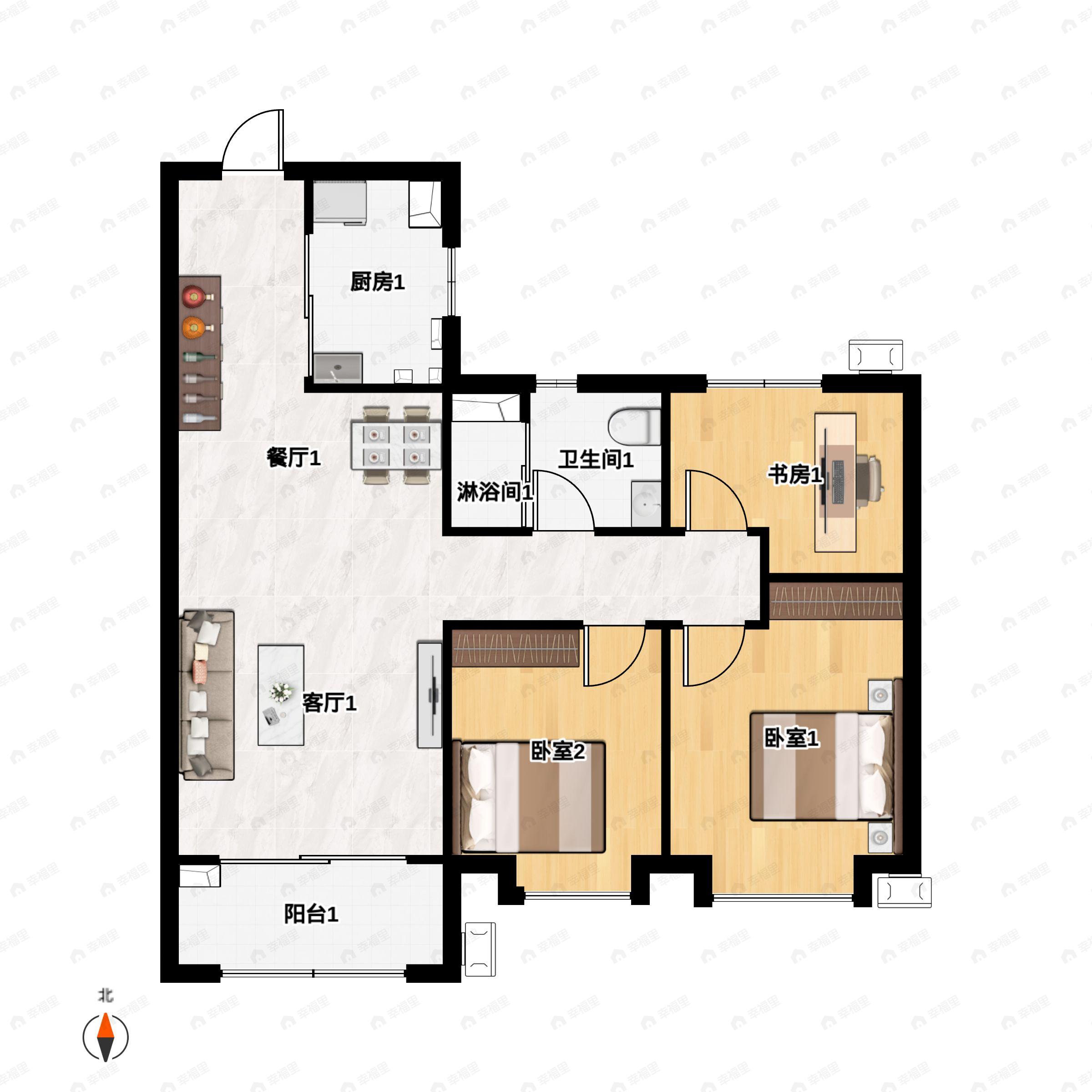 3室2厅1卫建面95平北|南户型图