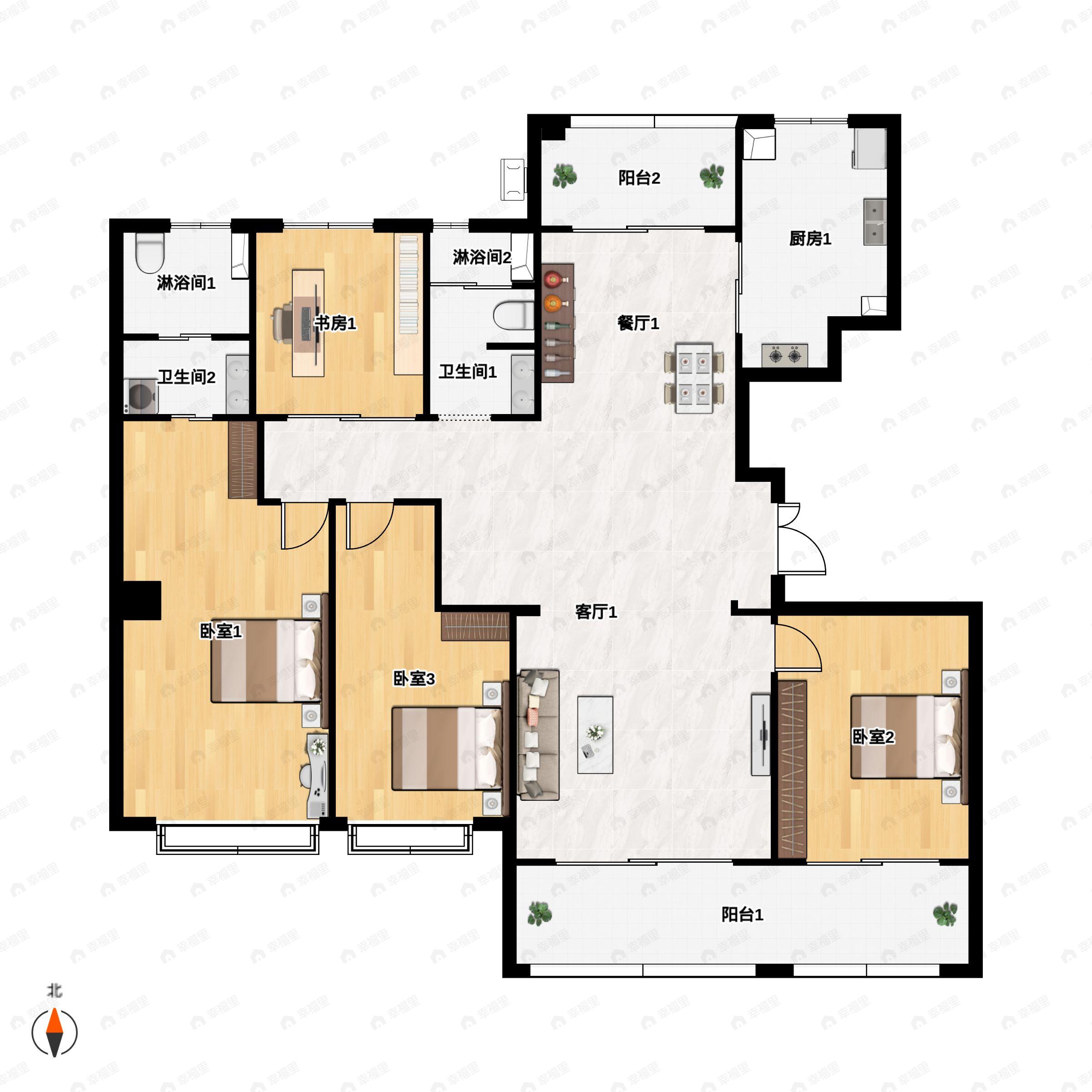 4室2厅2卫建面171平北|南户型图