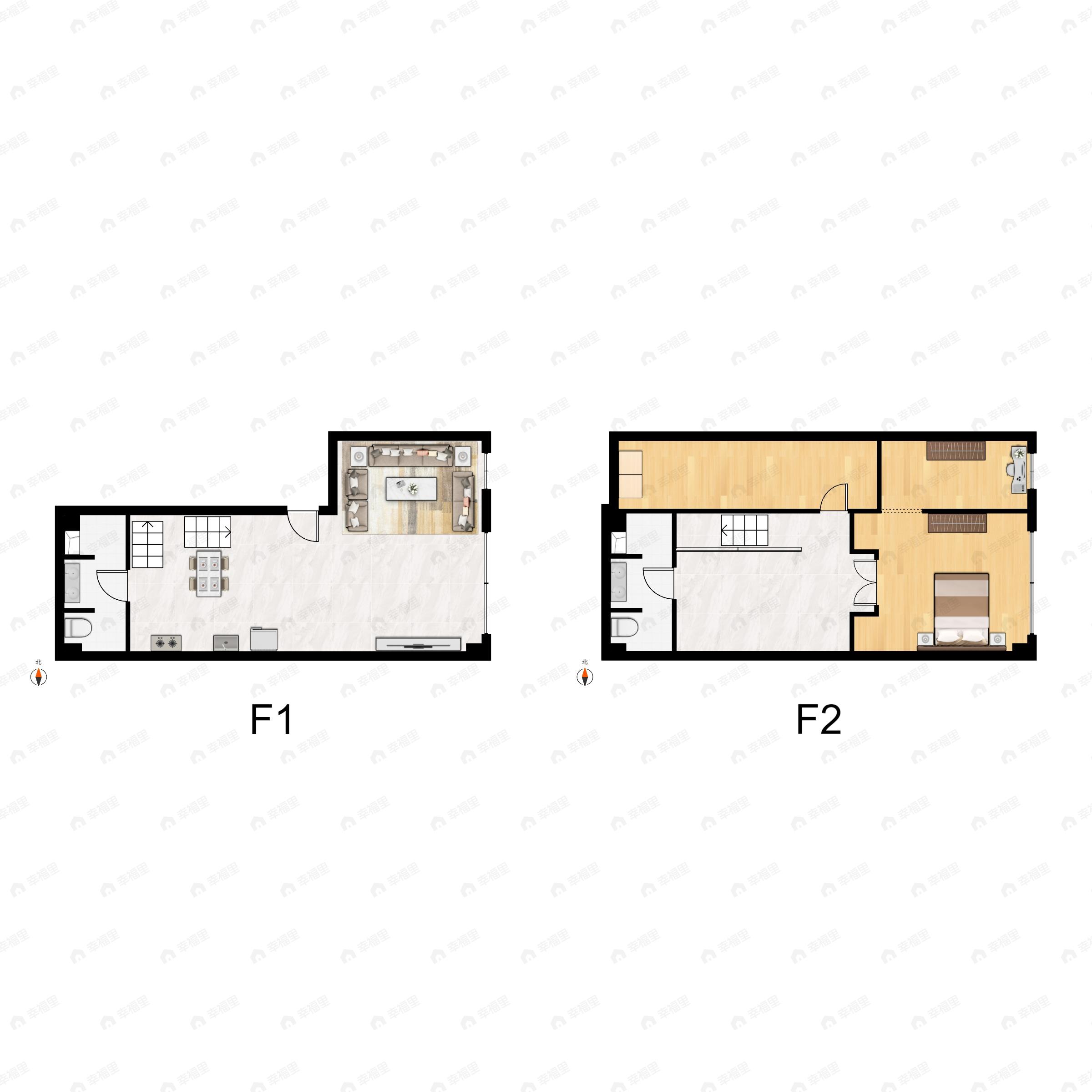 2室2厅2卫建面61平北|西|南|东户型图