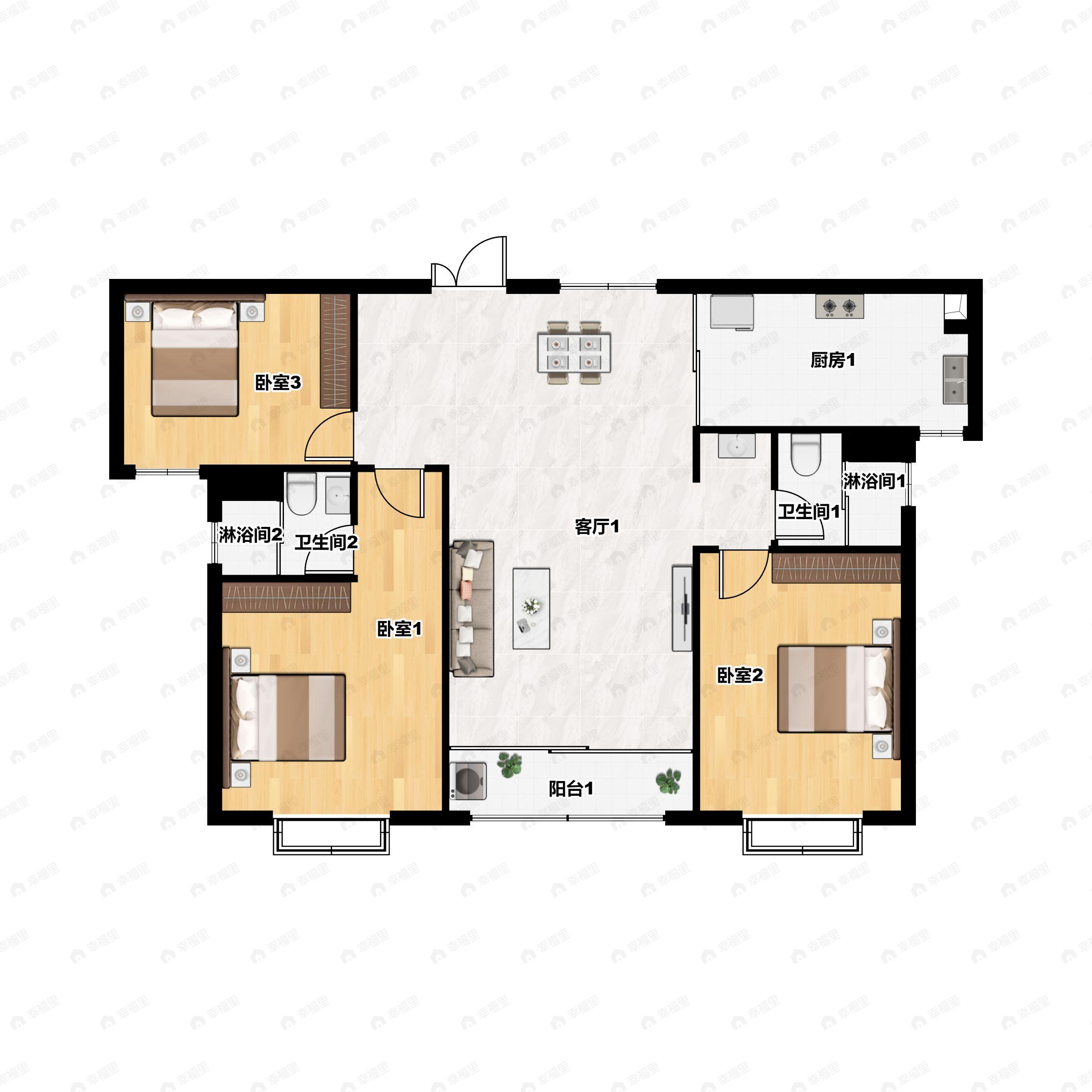3室2厅2卫建面122m²南户型图