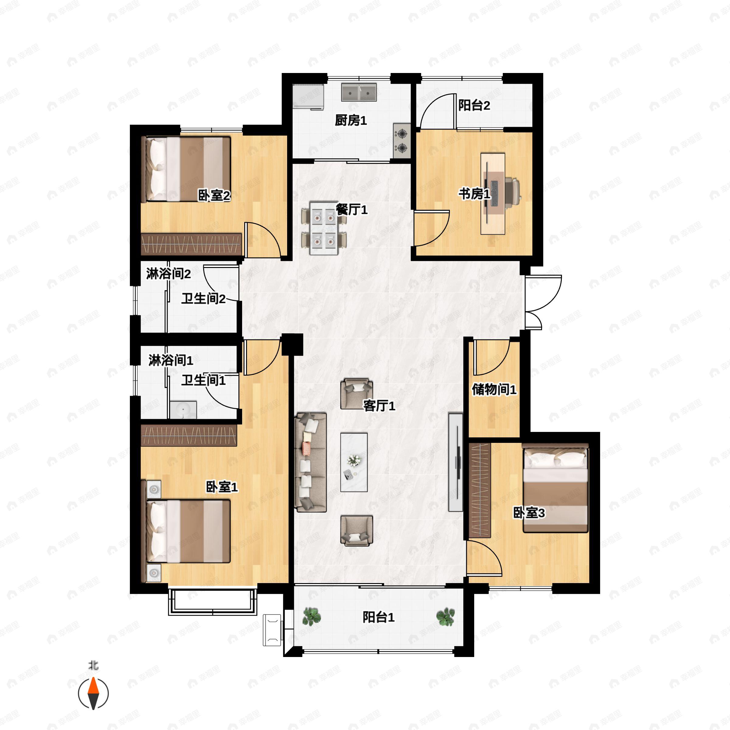 4室2厅2卫建面138平北|南户型图