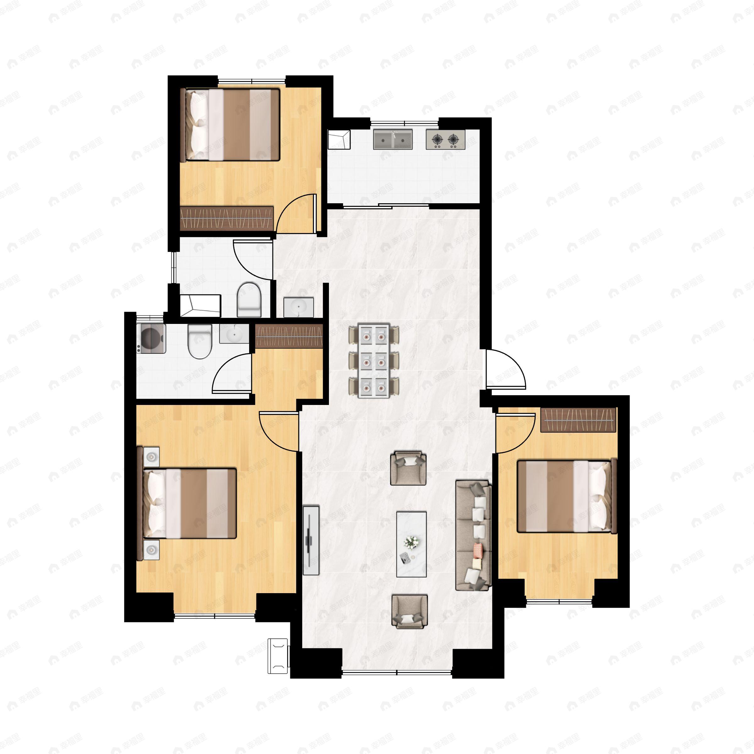 3室2厅2卫建面120m²南|北户型图