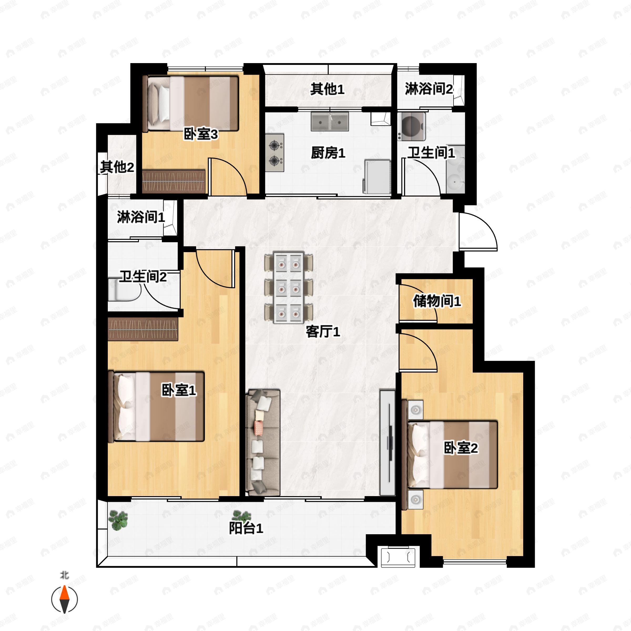 3室2厅2卫建面110m²南户型图