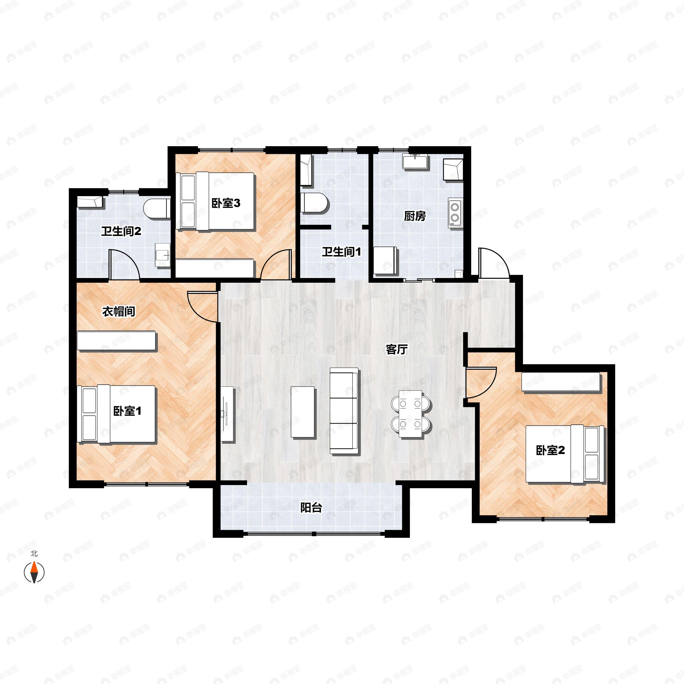 3室2厅2卫建面157平户型图