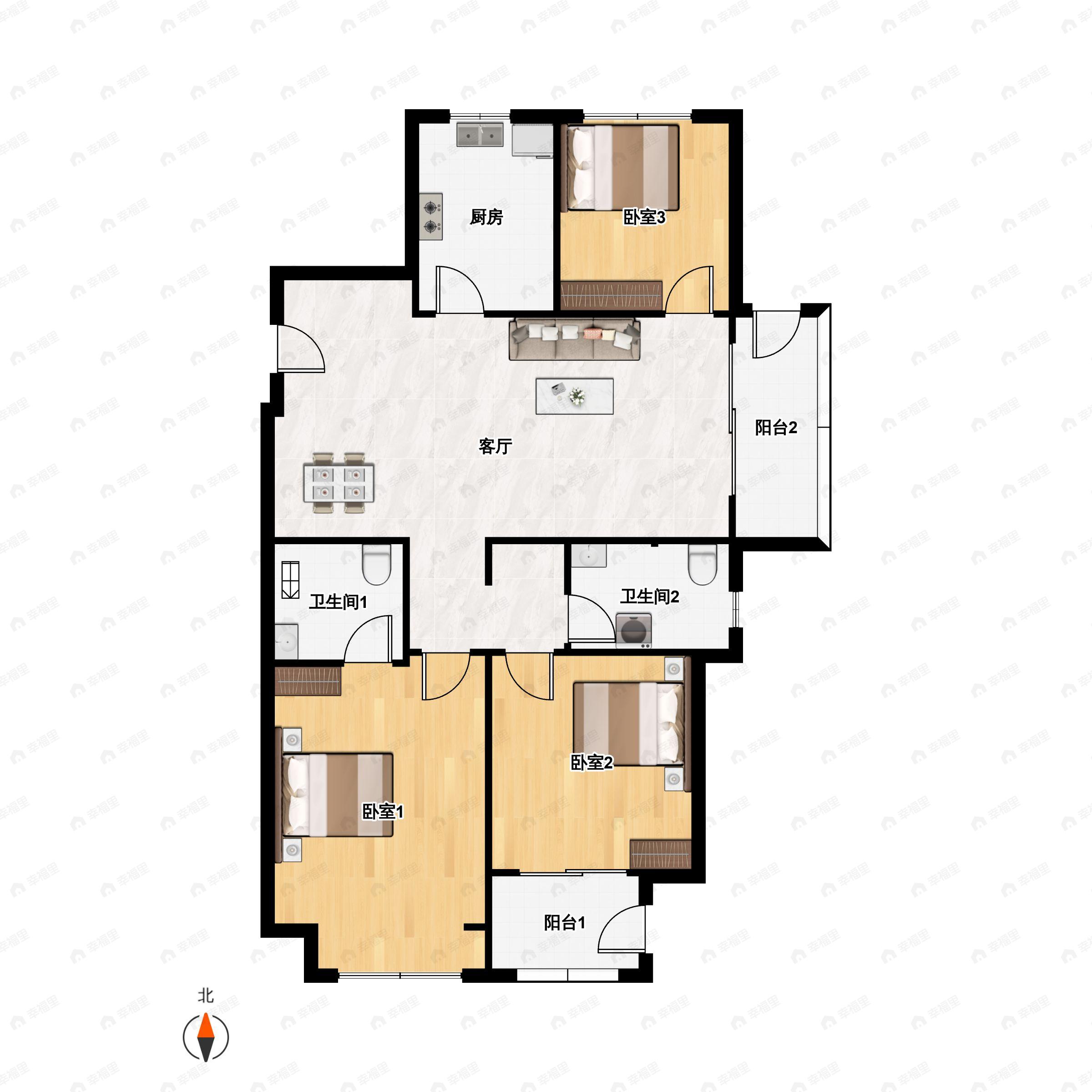 3室2厅2卫建面102平户型图