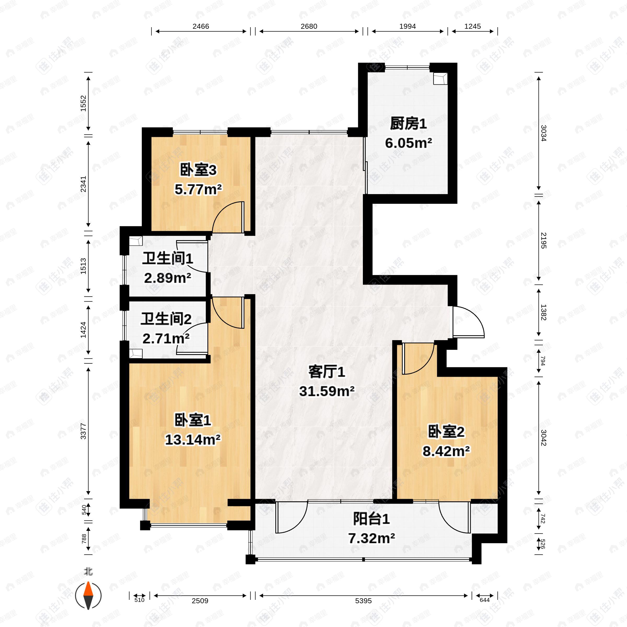 3室2厅2卫建面126平户型图