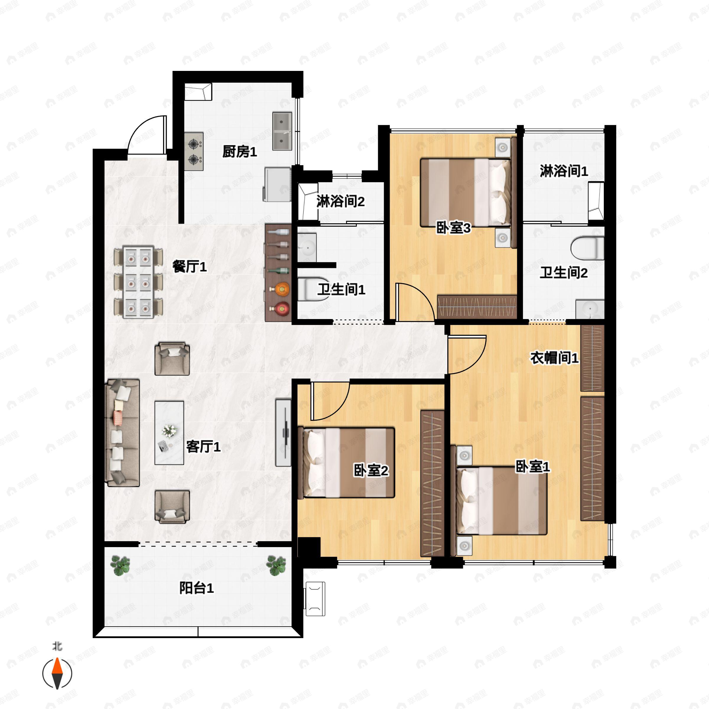 3室2厅2卫建面98m²南户型图