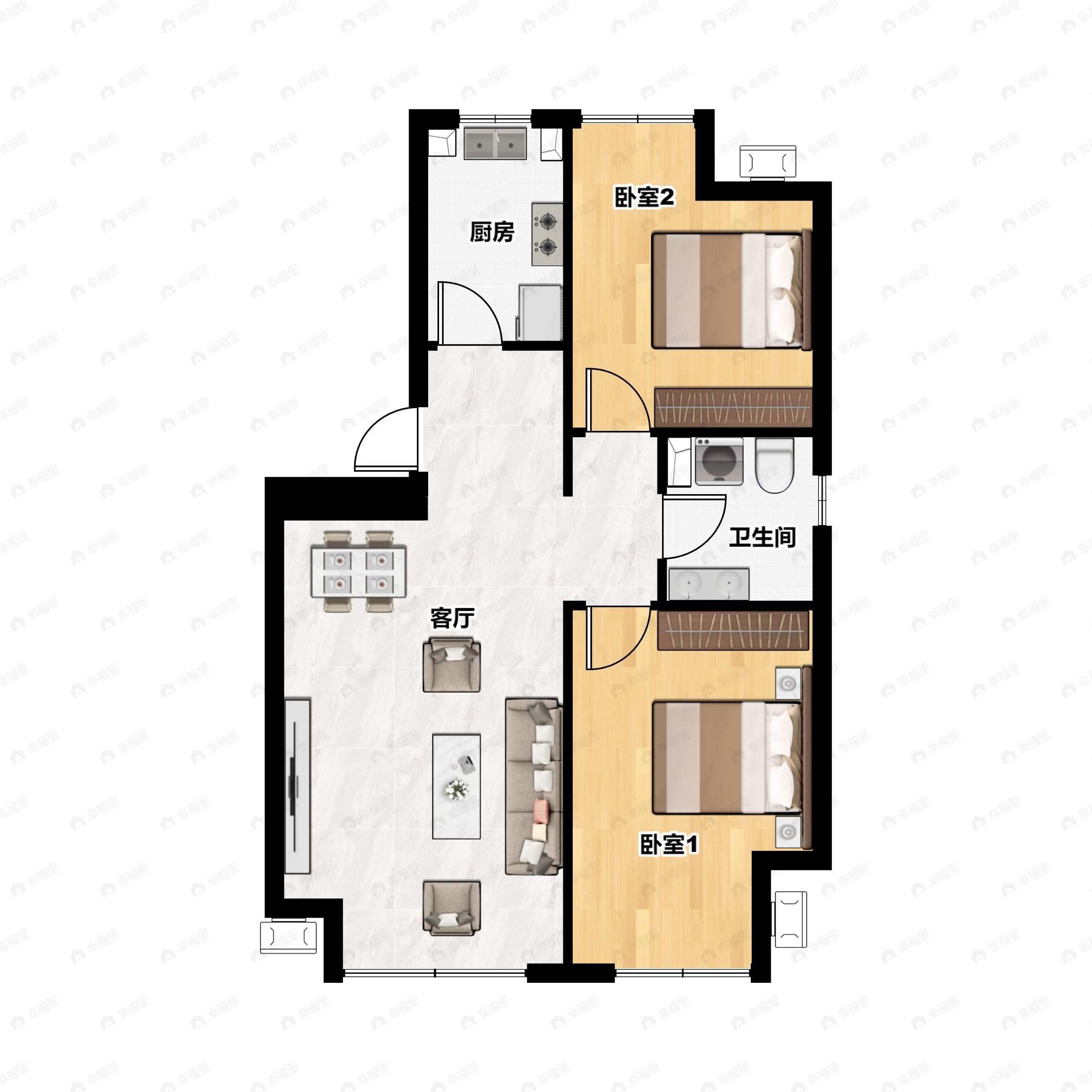 2室2厅1卫建面76m²南|北户型图