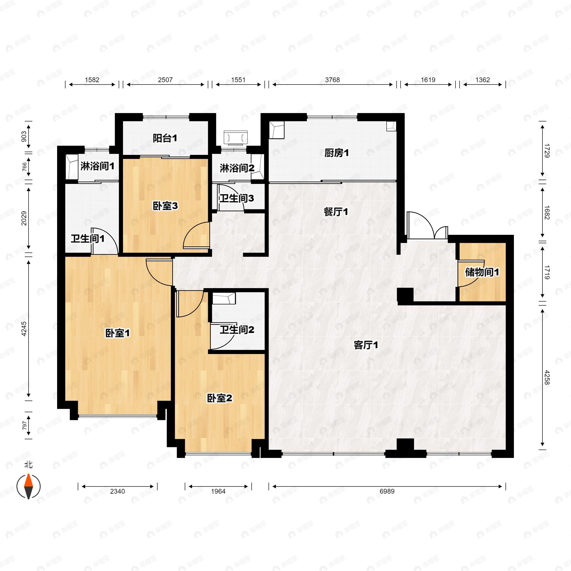 3室2厅3卫建面191m²北|南户型图