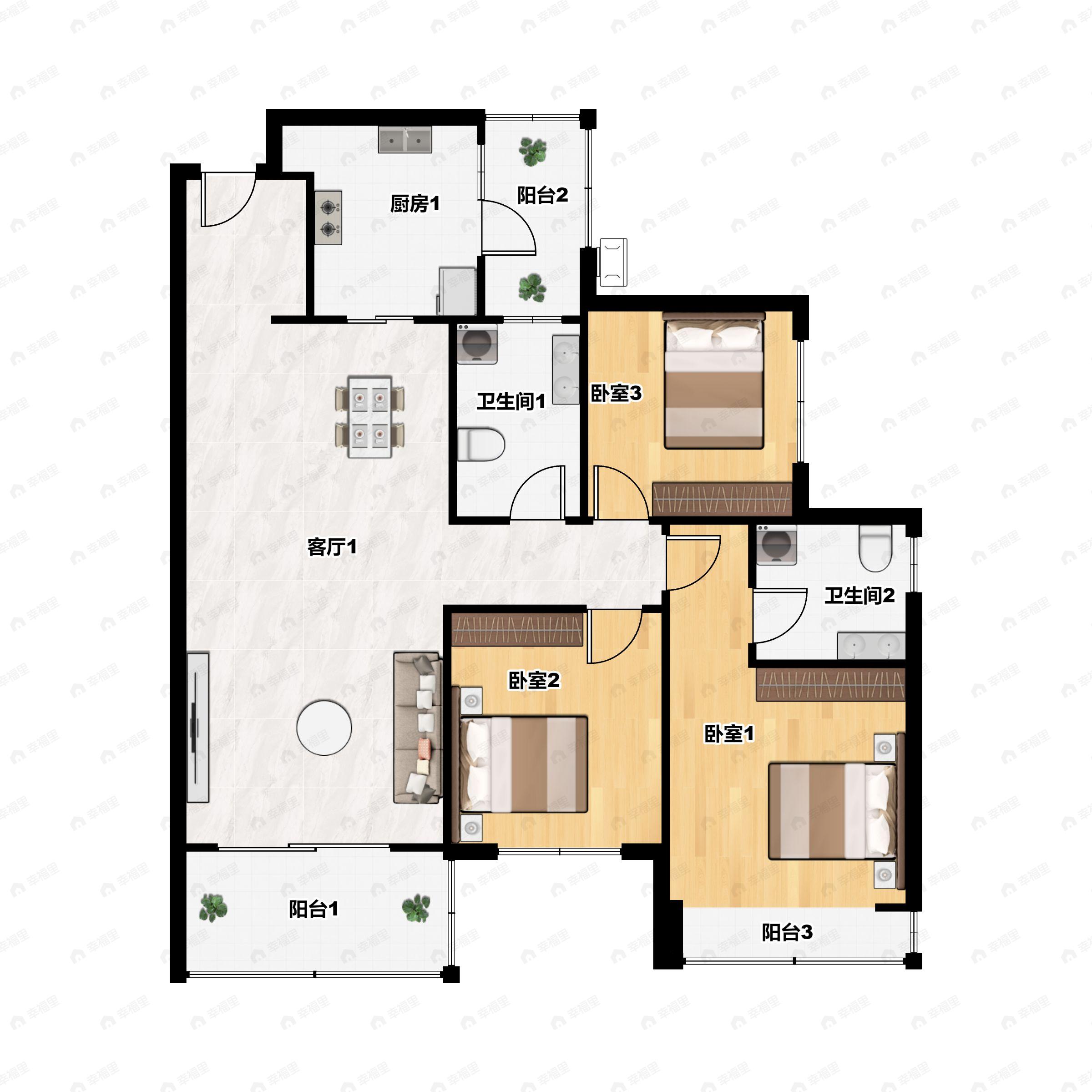 3室2厅2卫建面116m²西南户型图