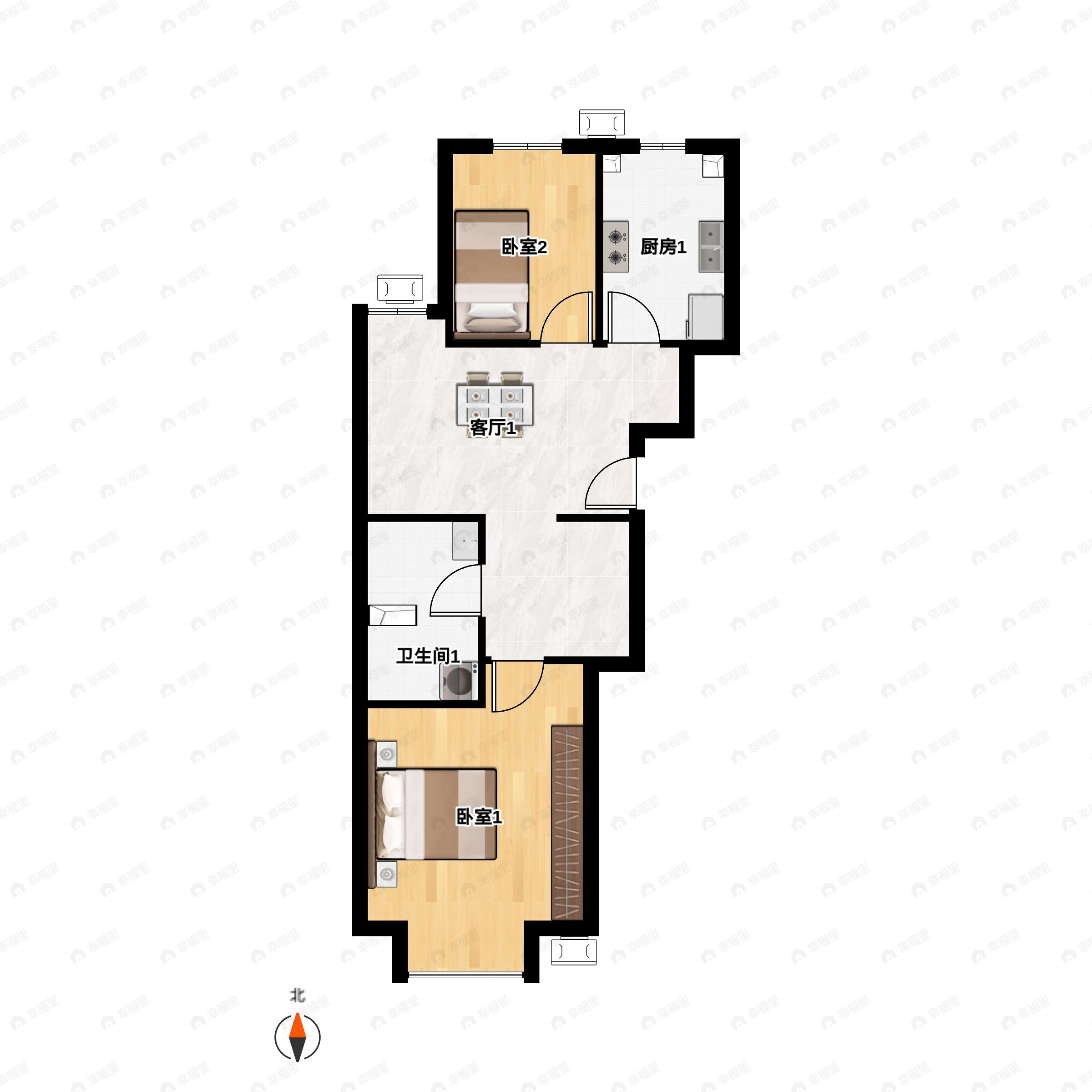 2室2厅1卫建面64平户型图