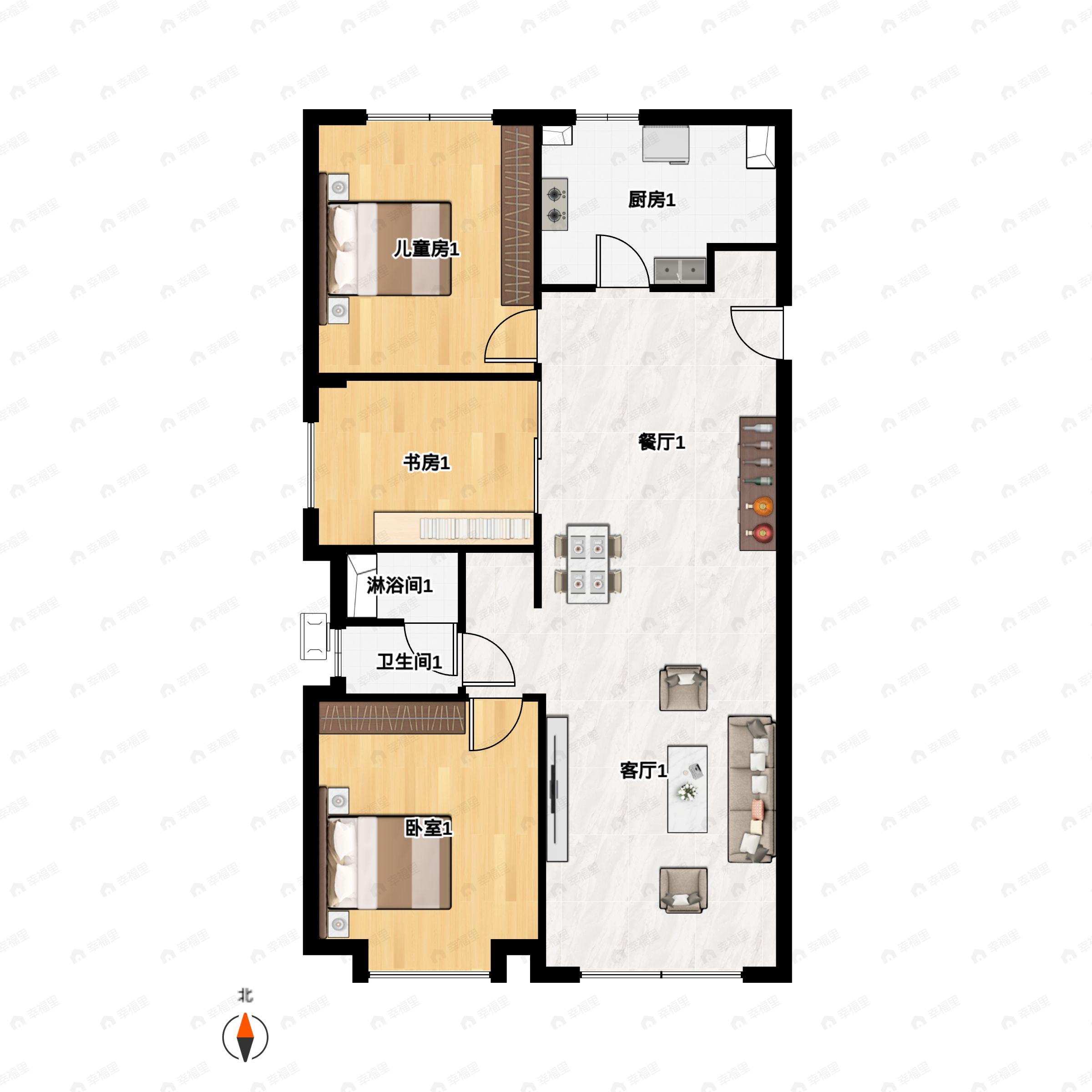 3室2厅1卫建面96m²西|东户型图